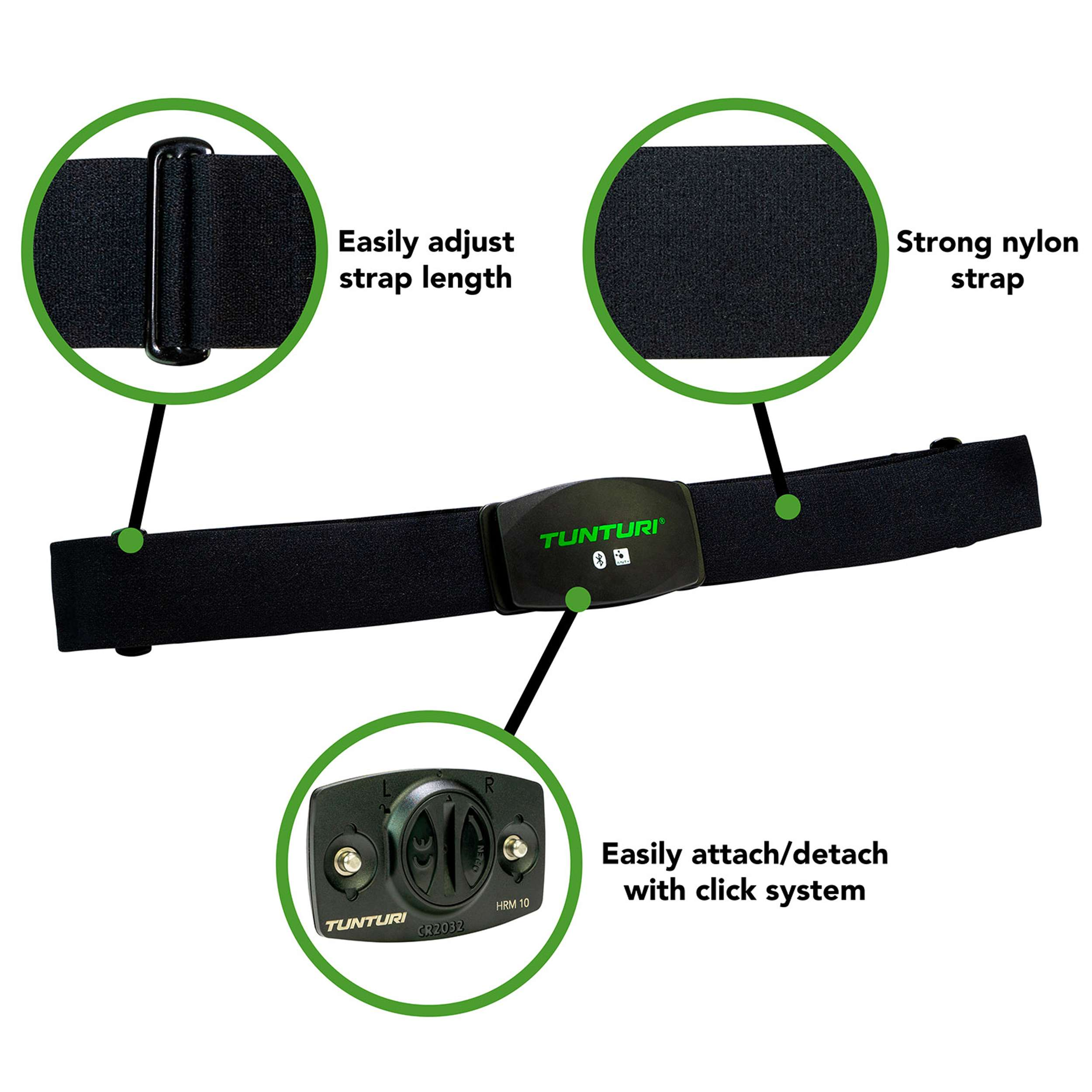Black heart rate monitor with adjustable strap and Tunturi logo. It features a click system for easy attachment/detachment.