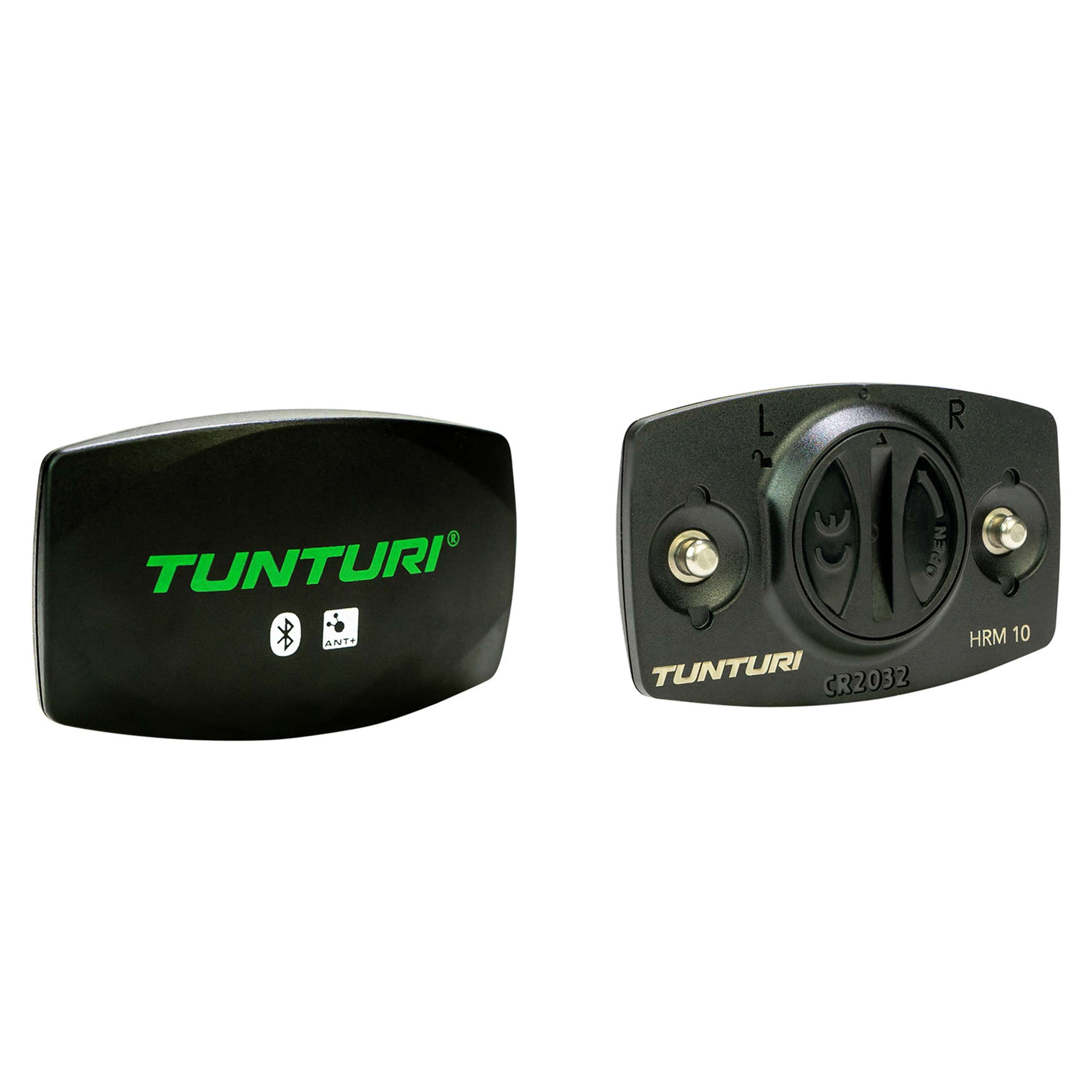 Two black Tunturi heart rate monitors. One is rectangular with green text. The other has an open button.