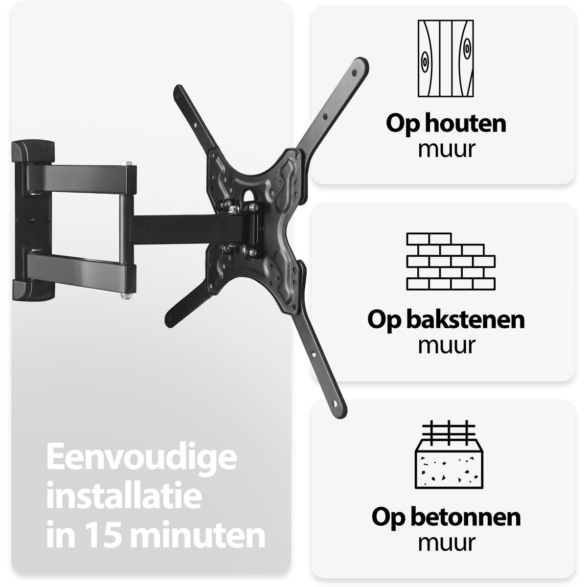 Een zwarte tv-muurbeugel. Tekst geeft aan dat het werkt op houten, bakstenen en betonnen muren. Eenvoudige installatie in 15 minuten.