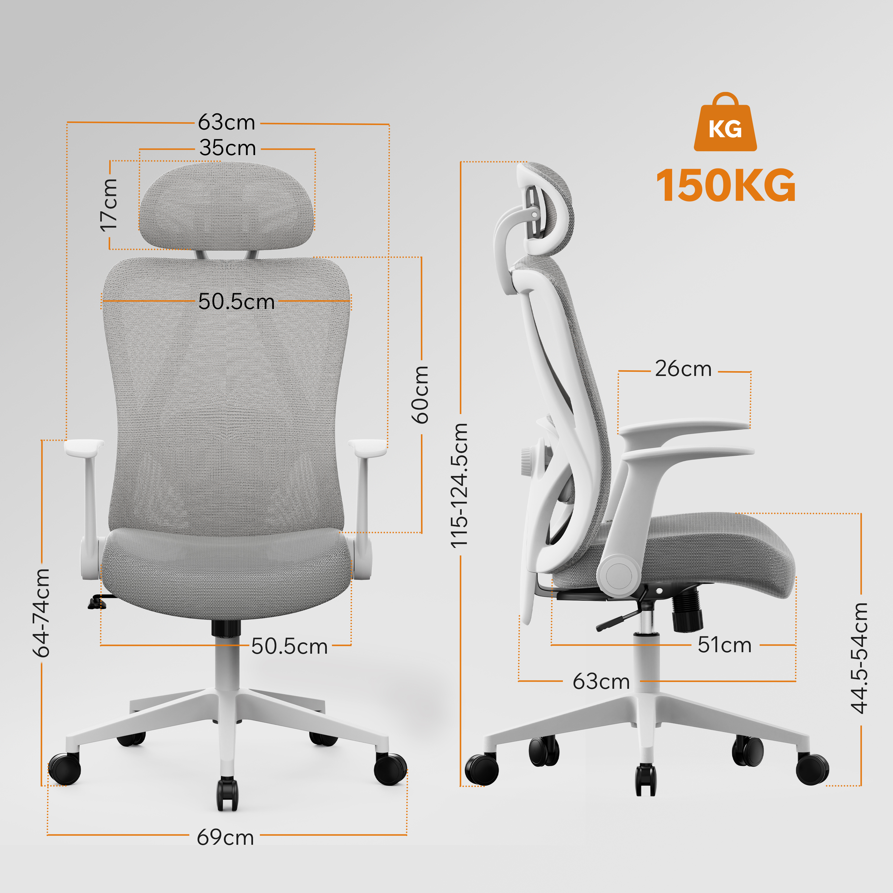 Una sedia da ufficio con dimensioni etichettate. Ha schienale e seduta in rete grigia, telaio bianco e ruote nere. Capacità di peso 150KG.