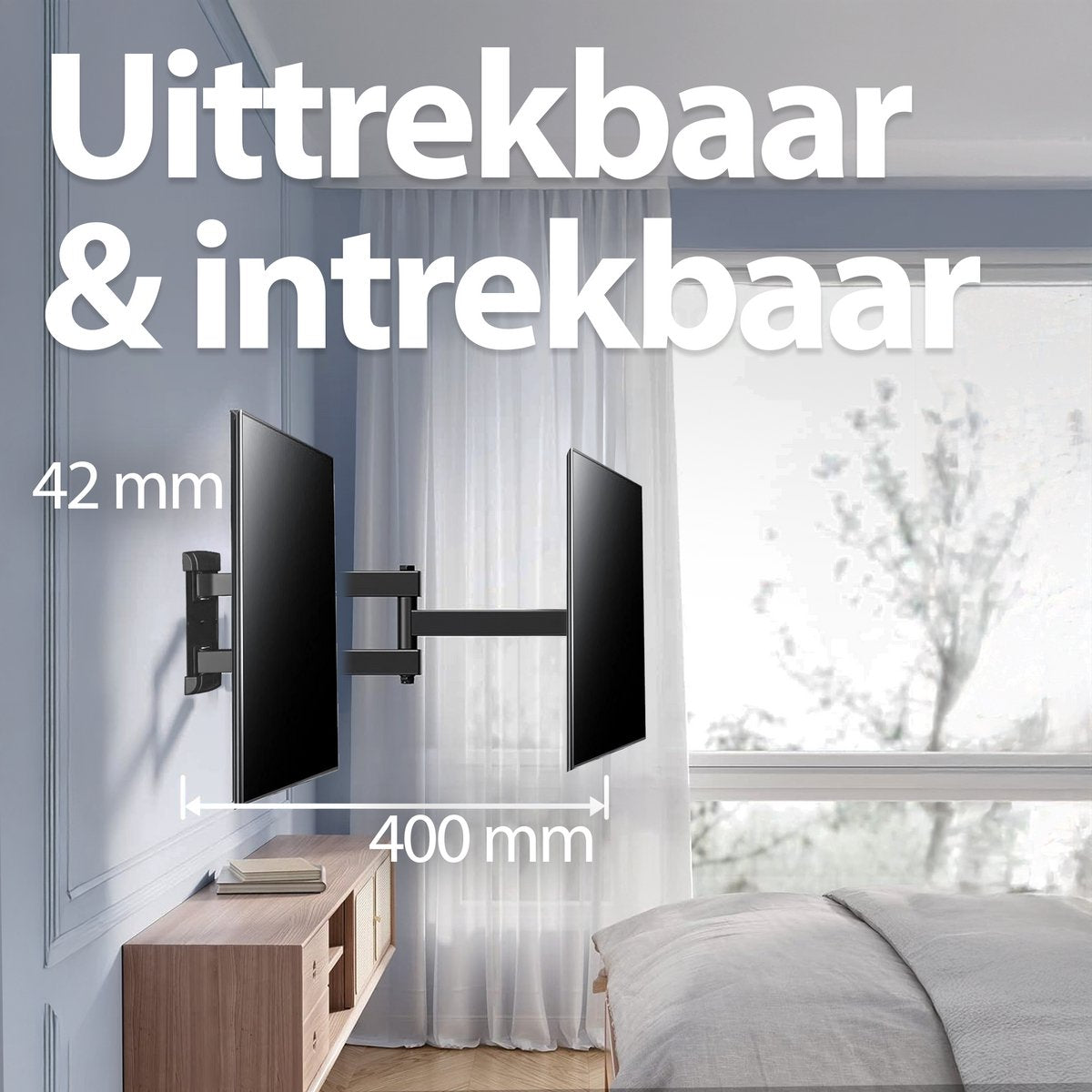A TV mounted on a wall bracket, with dimensions labeled. A wooden cabinet is below. A window with a view is in the background.