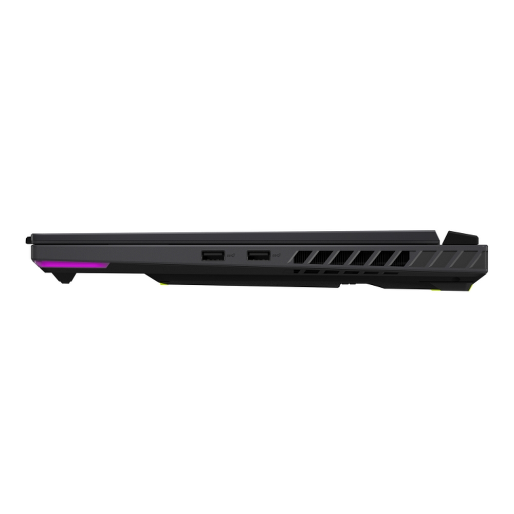 Vista laterale di un laptop nero. Ha porte USB e griglie di ventilazione. L'estremità ha una luce rosa neon.