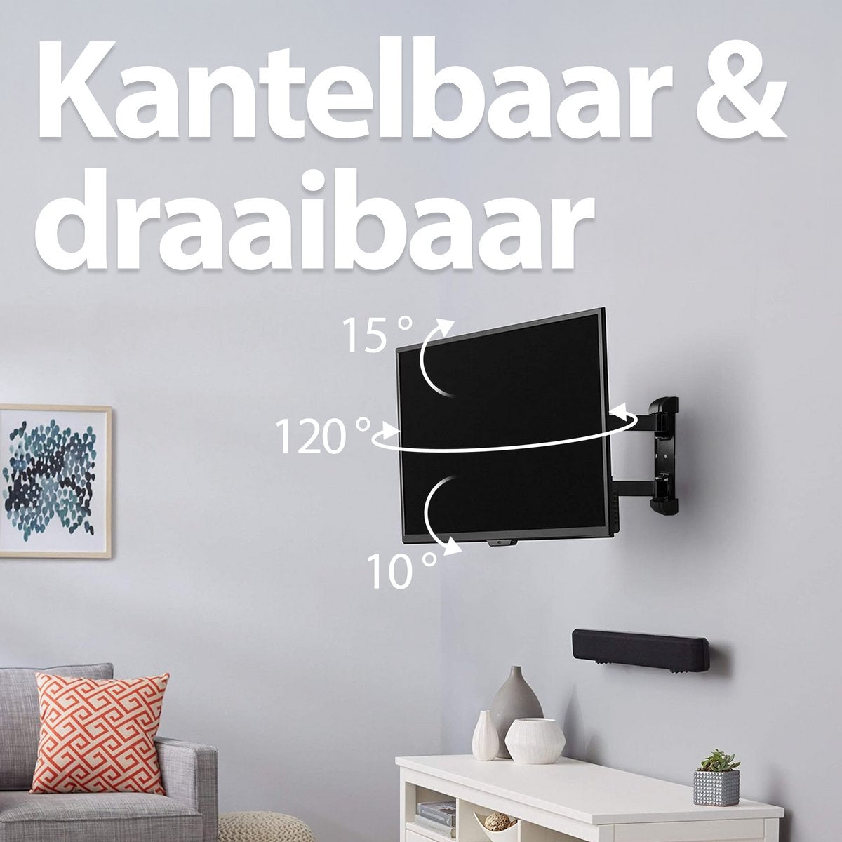 A TV mounted on a wall, with angle indicators. A sofa and a table are in the room. Text says 'Kantelbaar & draaibaar'.