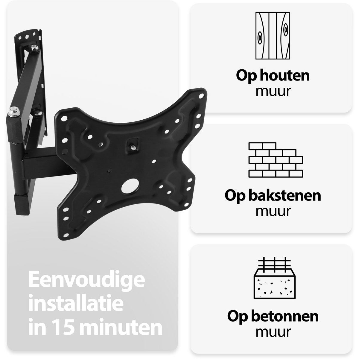 A black TV wall mount with mounting options: wood, brick, and concrete. Installation in 15 minutes.