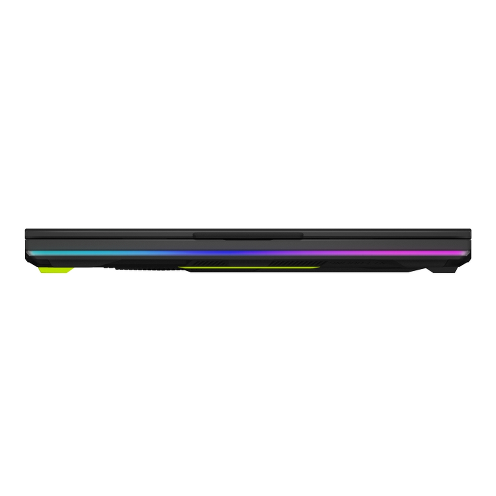 Un laptop nero visto di lato, con illuminazione RGB lungo il bordo inferiore. Lo sfondo è bianco.