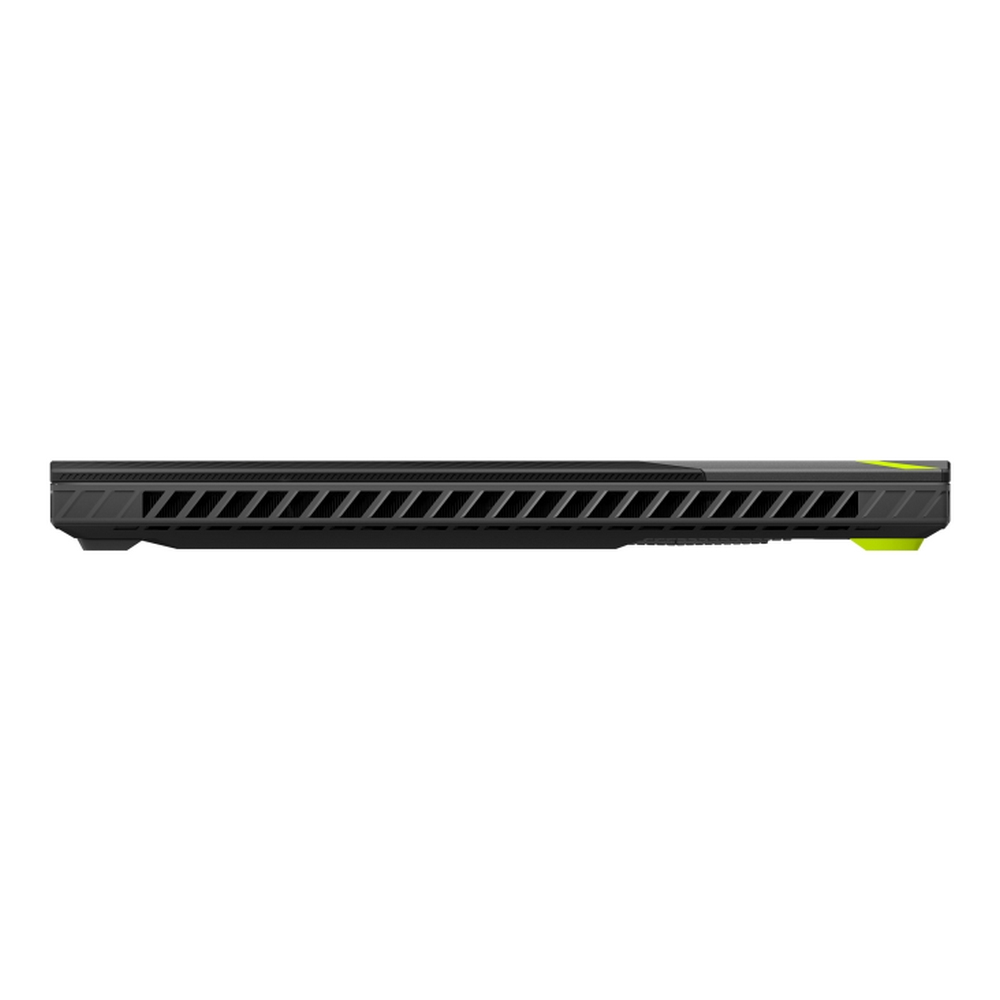Vista laterale di un laptop nero con griglie di ventilazione, un accento verde e sfondo bianco.