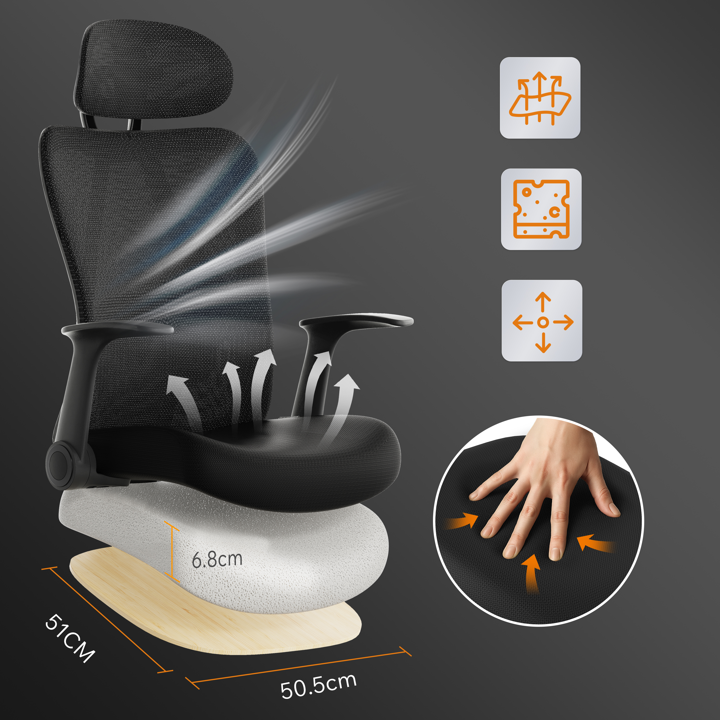 Una sedia da ufficio ergonomica nera, con dimensioni e caratteristiche evidenziate. Include una mano che preme la seduta.