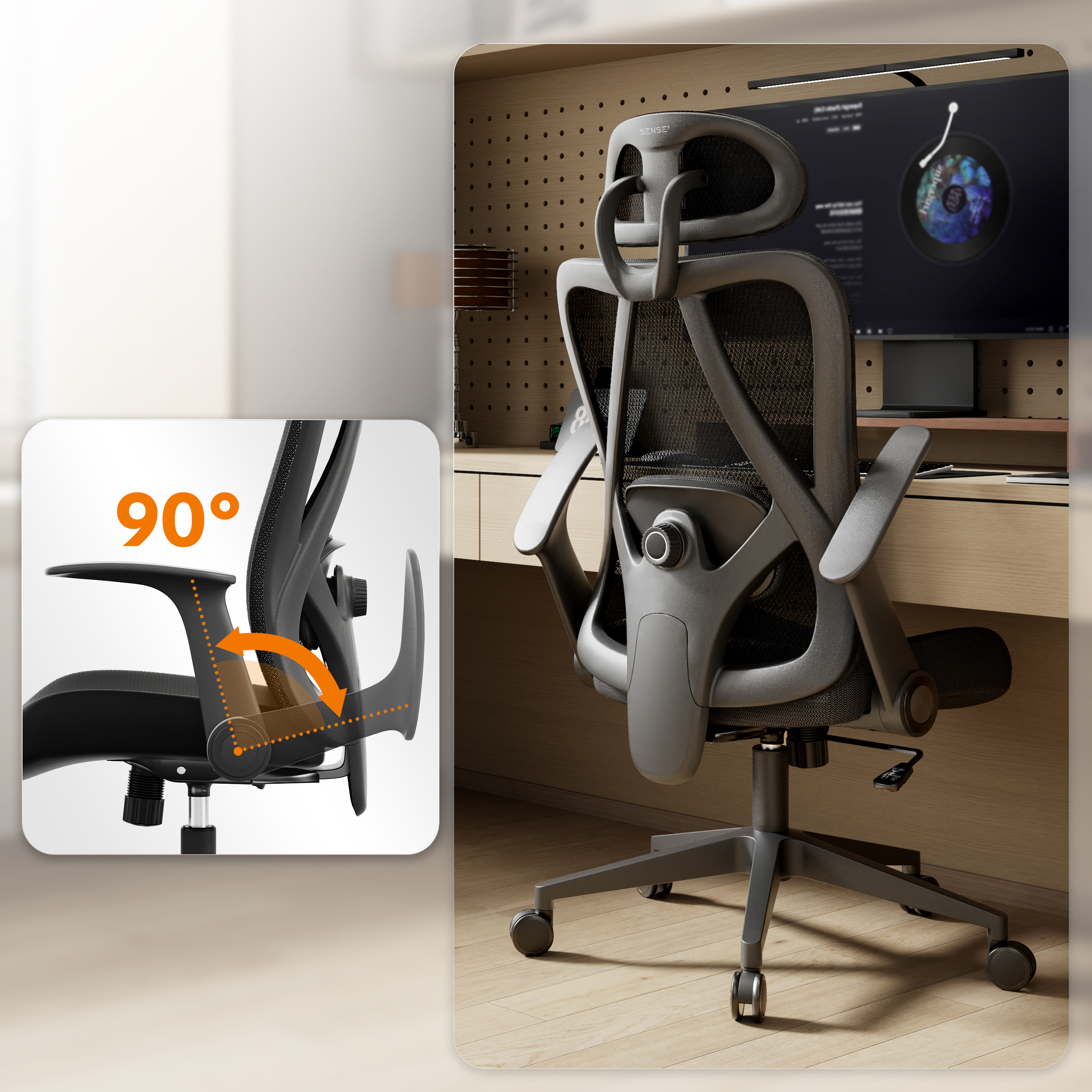 Una sedia da ufficio ergonomica con poggiatesta, schienale, braccioli e ruote. La sedia è davanti a una scrivania con un computer.