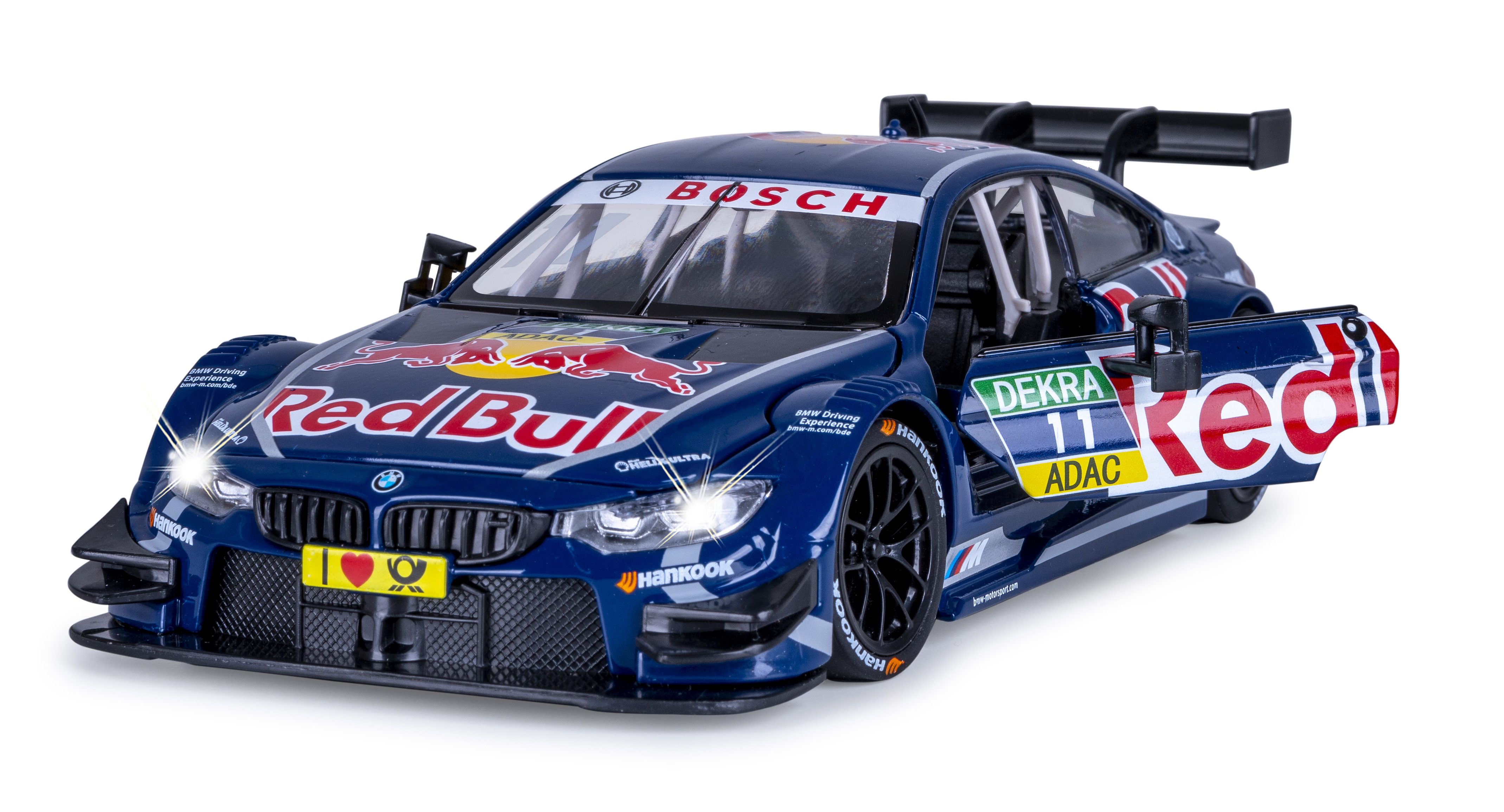 Blaues Red Bull BMW-Rennauto mit offener Tür. Es hat Sponsorenlogos und befindet sich auf weißem Hintergrund.