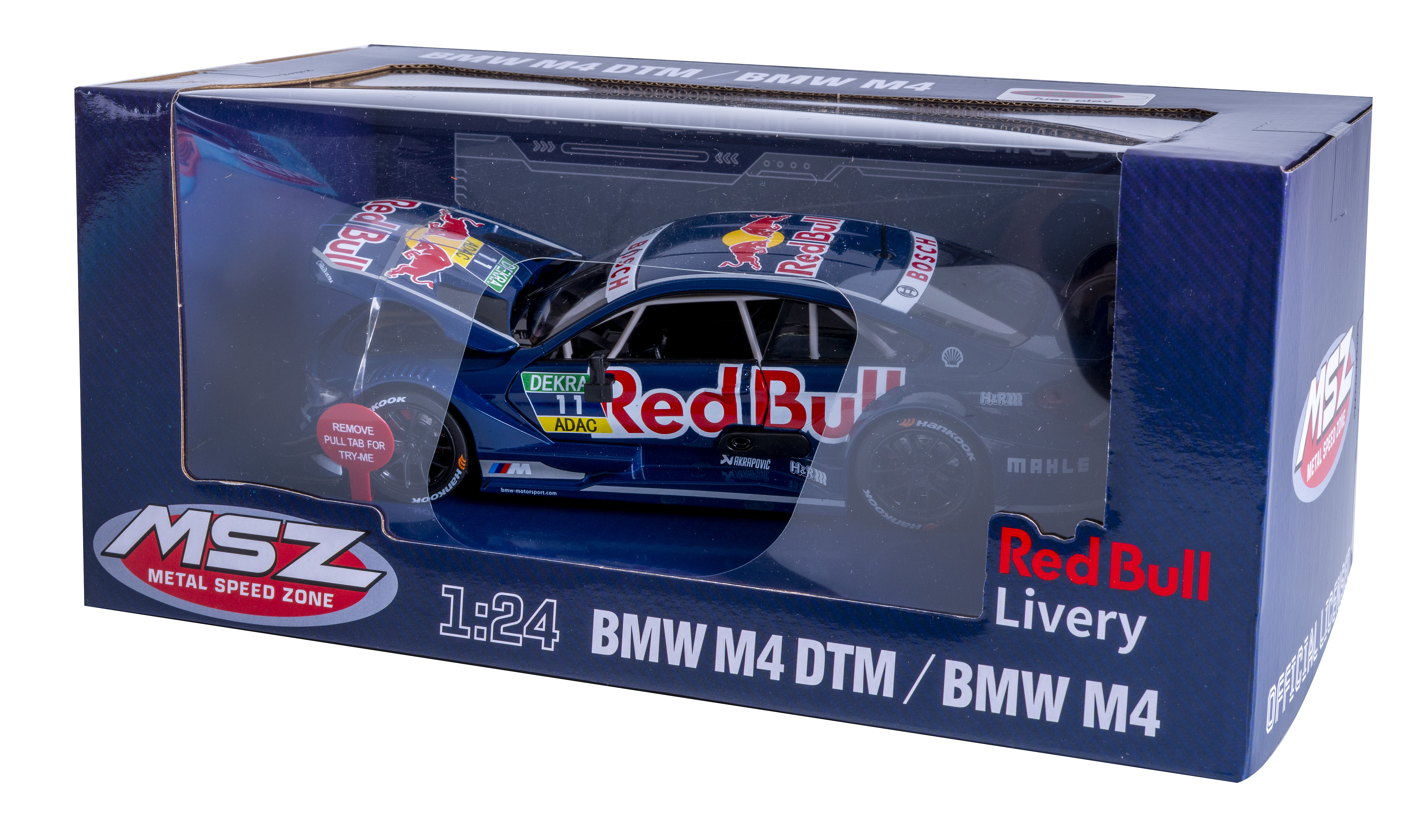 Ein BMW M4 DTM-Spielzeugauto in einer Box. Es ist eine Red Bull-Lackierung. Die Box ist blau und das Auto teilweise sichtbar.