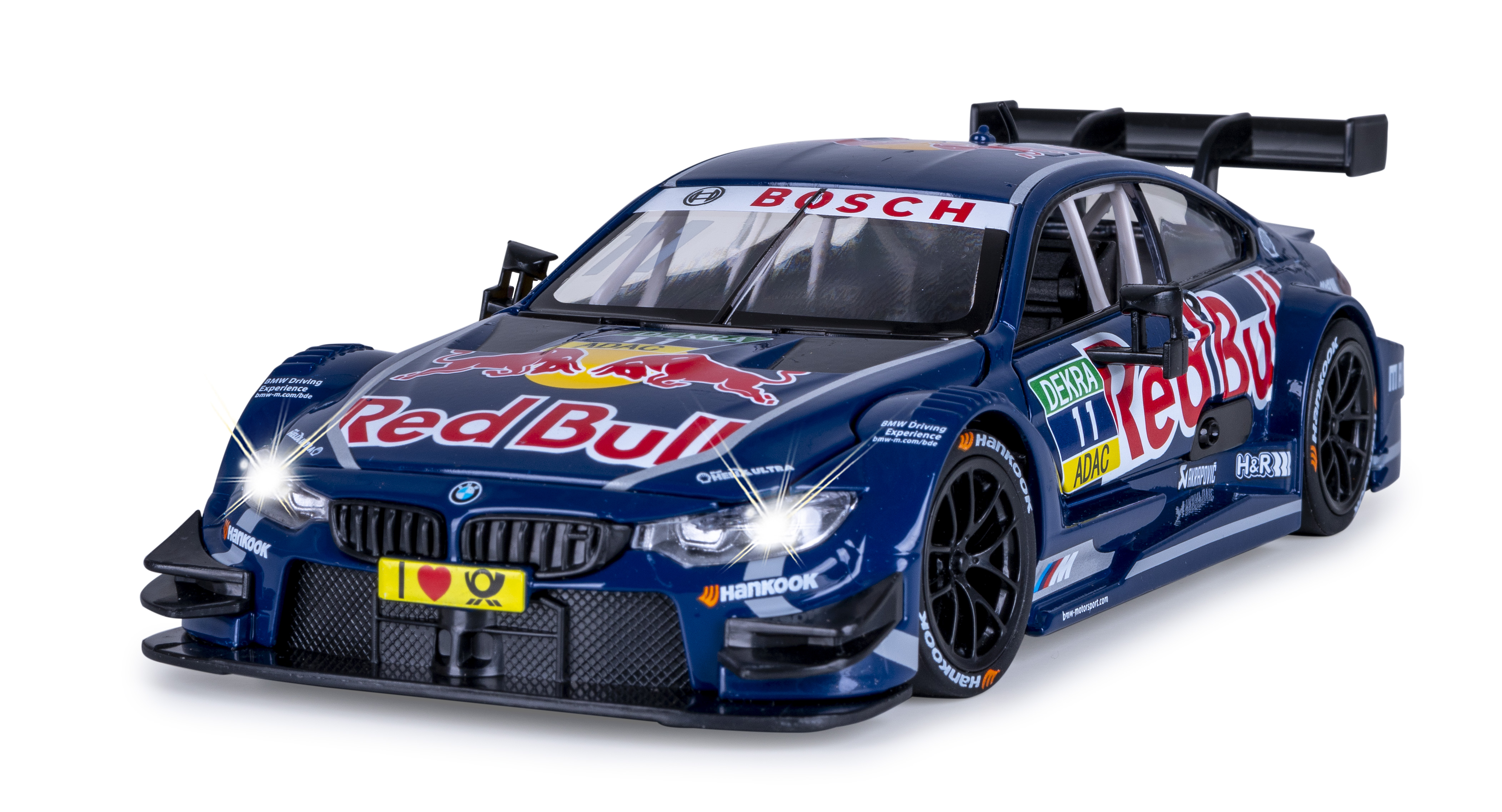 Ein blau-rotes Red Bull BMW-Rennauto auf weißem Hintergrund. Es hat Scheinwerfer und Sponsorenlogos.