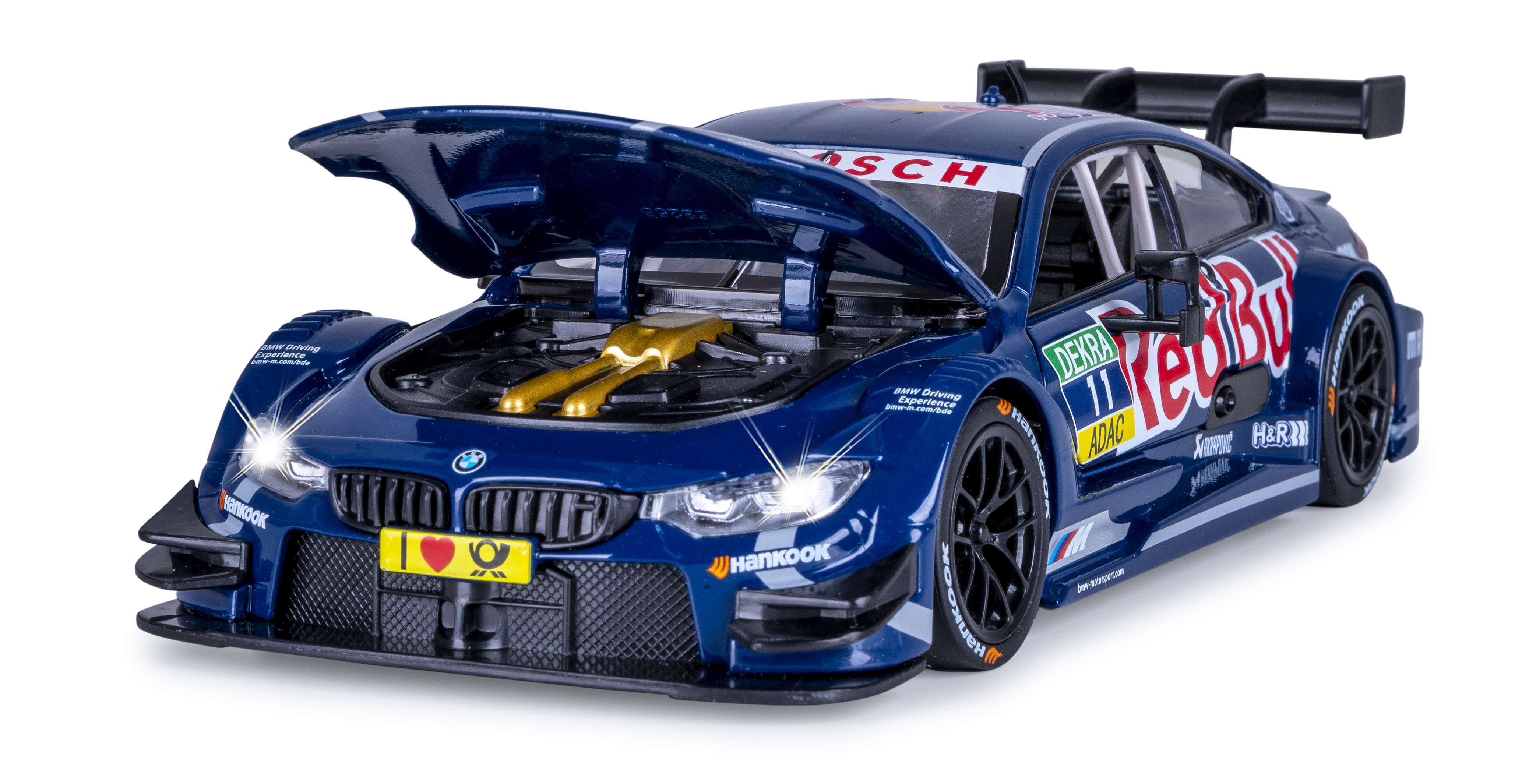 Ein blaues BMW-Rennwagen-Spielzeug mit geöffneter Motorhaube. Goldene Motorteile sind sichtbar. Red Bull und Hankook-Marken sind vorhanden.