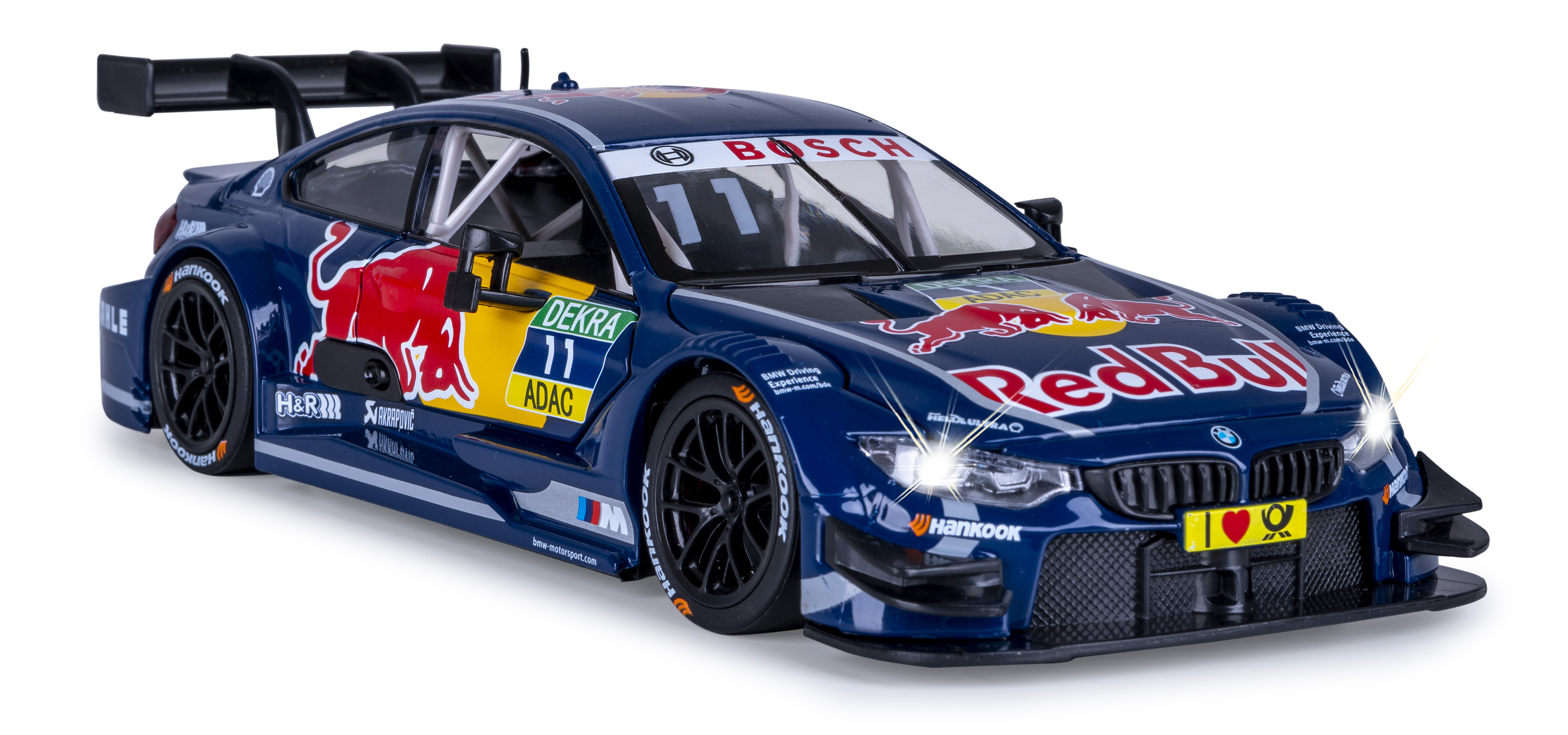 Ein blaues Red Bull-Rennauto mit der Nummer 11. Logos sind Bosch, Dekra und Hankook. Das Auto steht vor weißem Hintergrund.