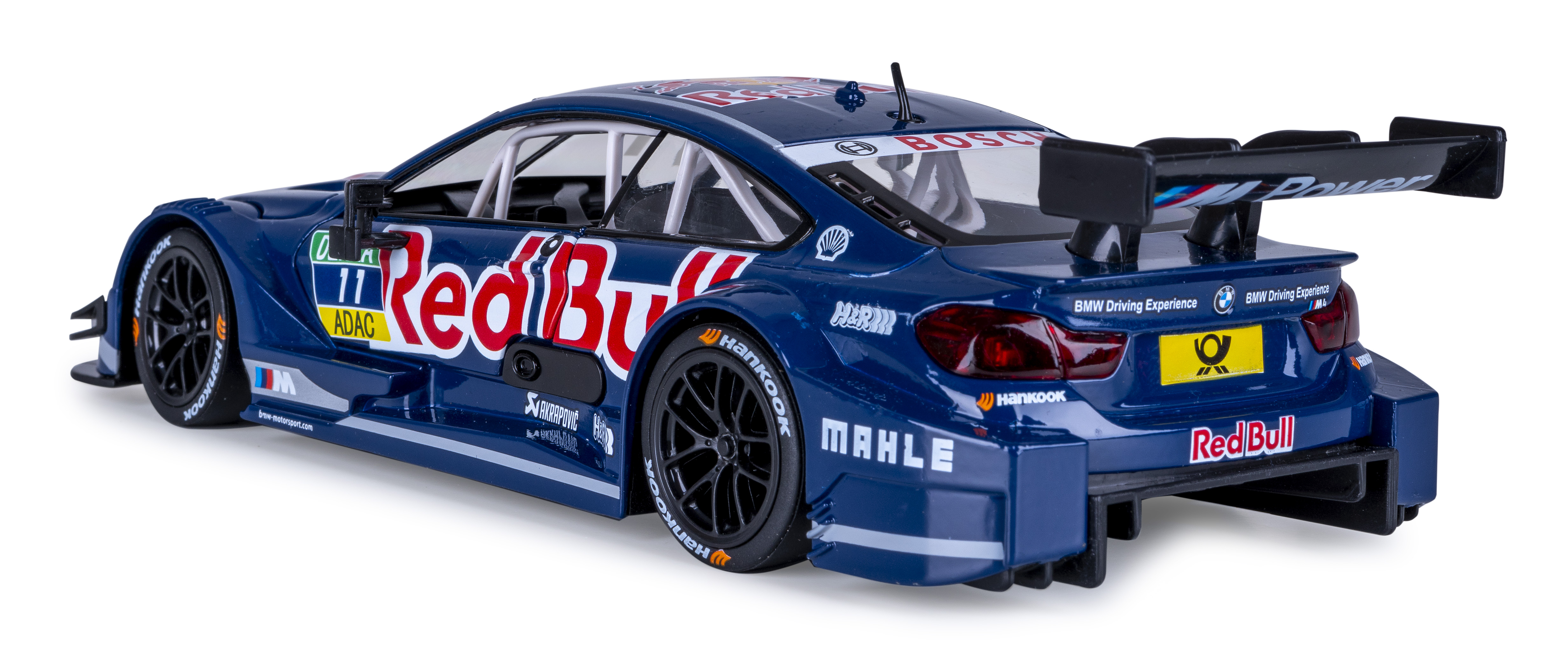 Ein blaues Red Bull BMW-Rennauto, weiße Akzente, Sponsorenlogos, schwarze Räder, Heckspoiler, auf weißem Hintergrund.
