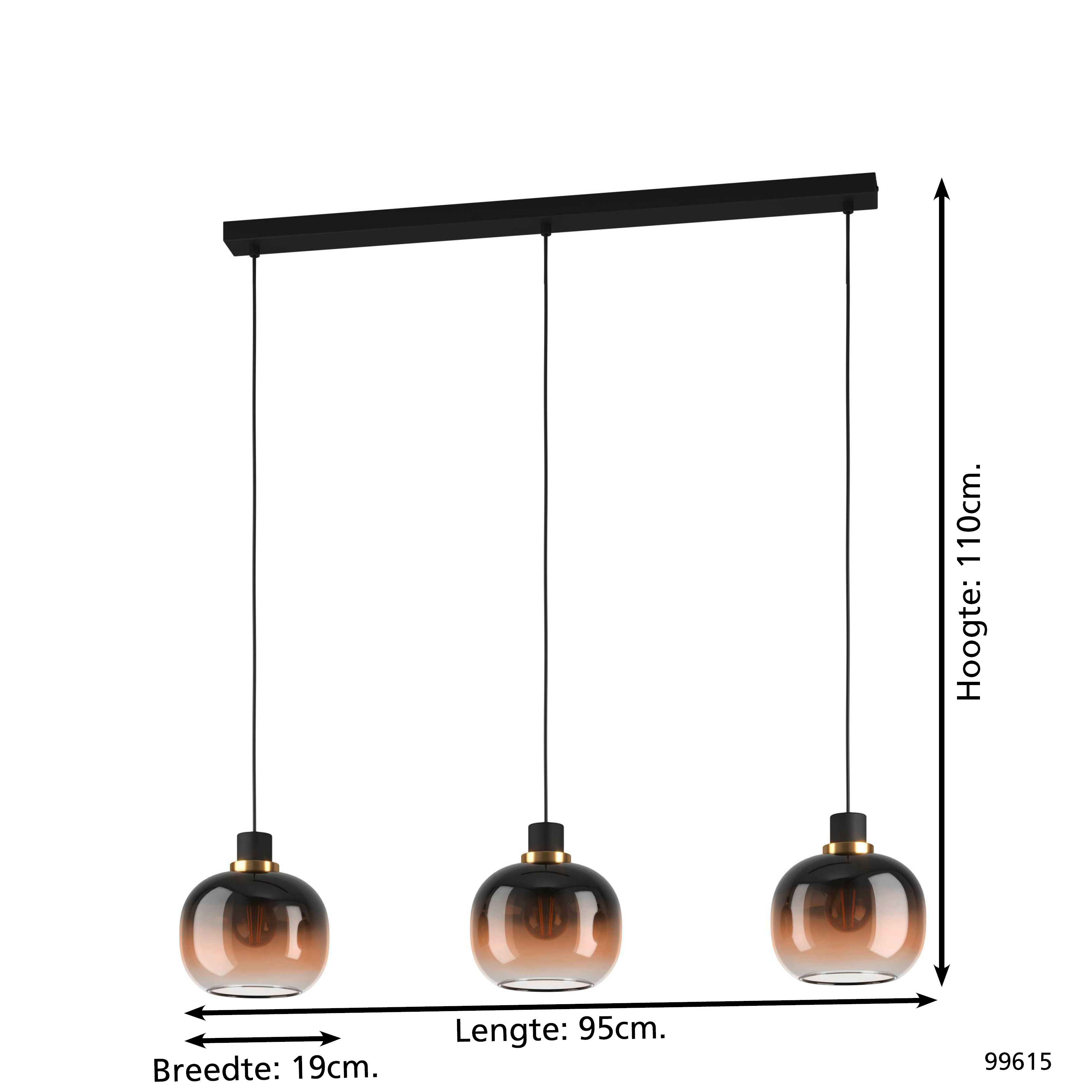 Eine schwarze Deckenleuchte mit drei Glasschirmen. Abmessungen: 95 cm Länge, 19 cm Breite, 110 cm Höhe.