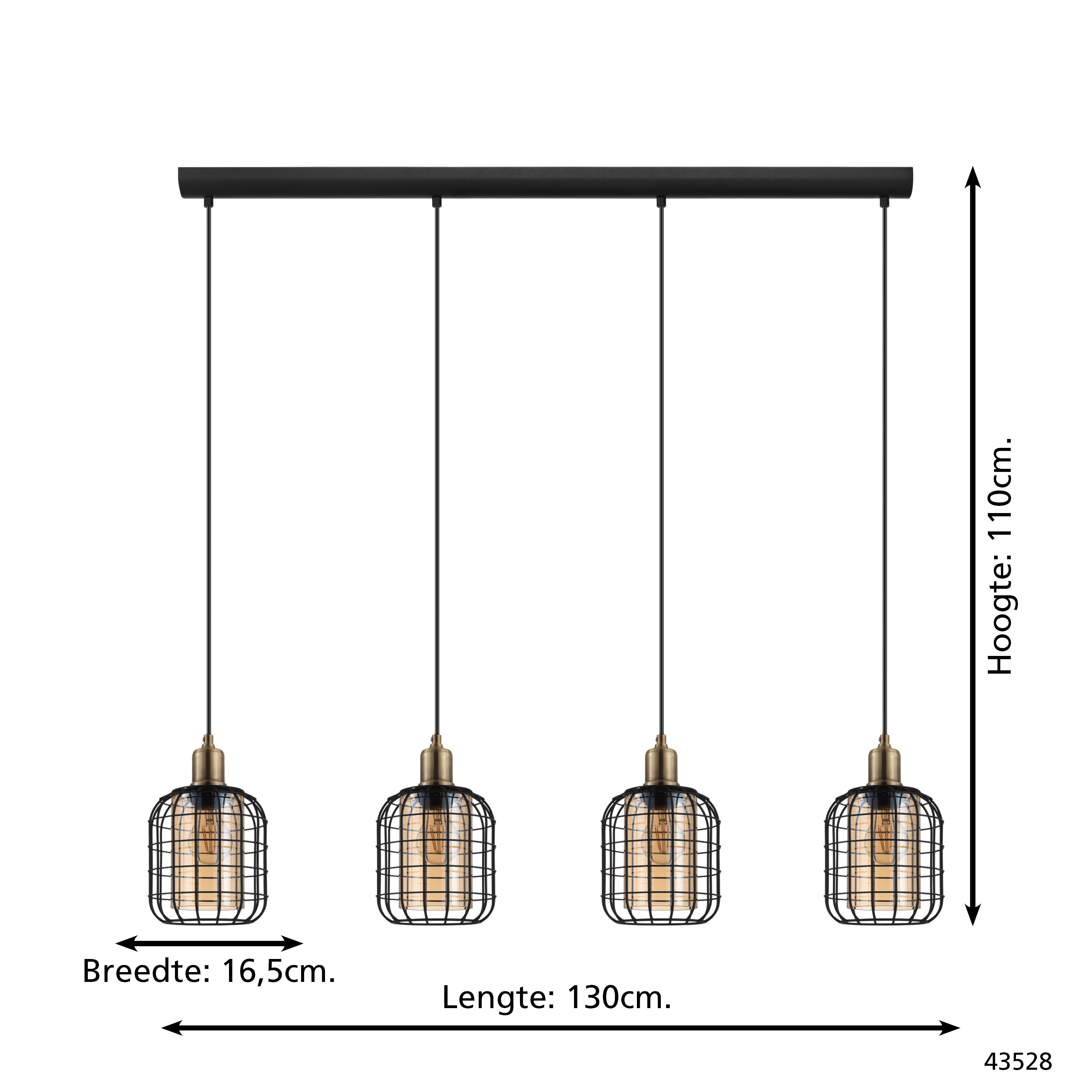Una lampada da soffitto nera e rettangolare con quattro luci a sospensione. Ognuna ha un paralume a gabbia con una lampadina dai toni caldi.