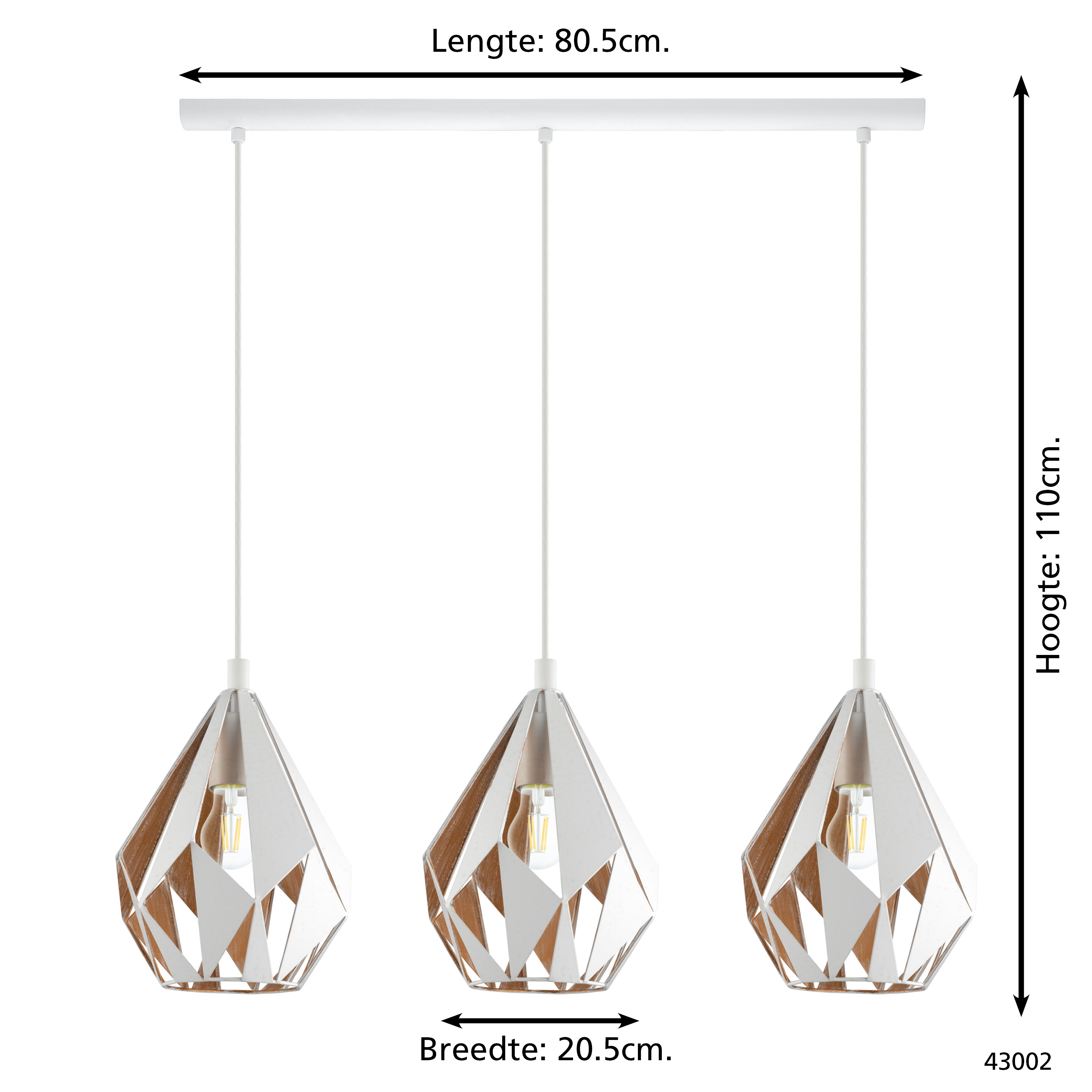 Una lampada da soffitto bianca con tre paralumi geometrici, ognuno con una lampadina. Dimensioni fornite.