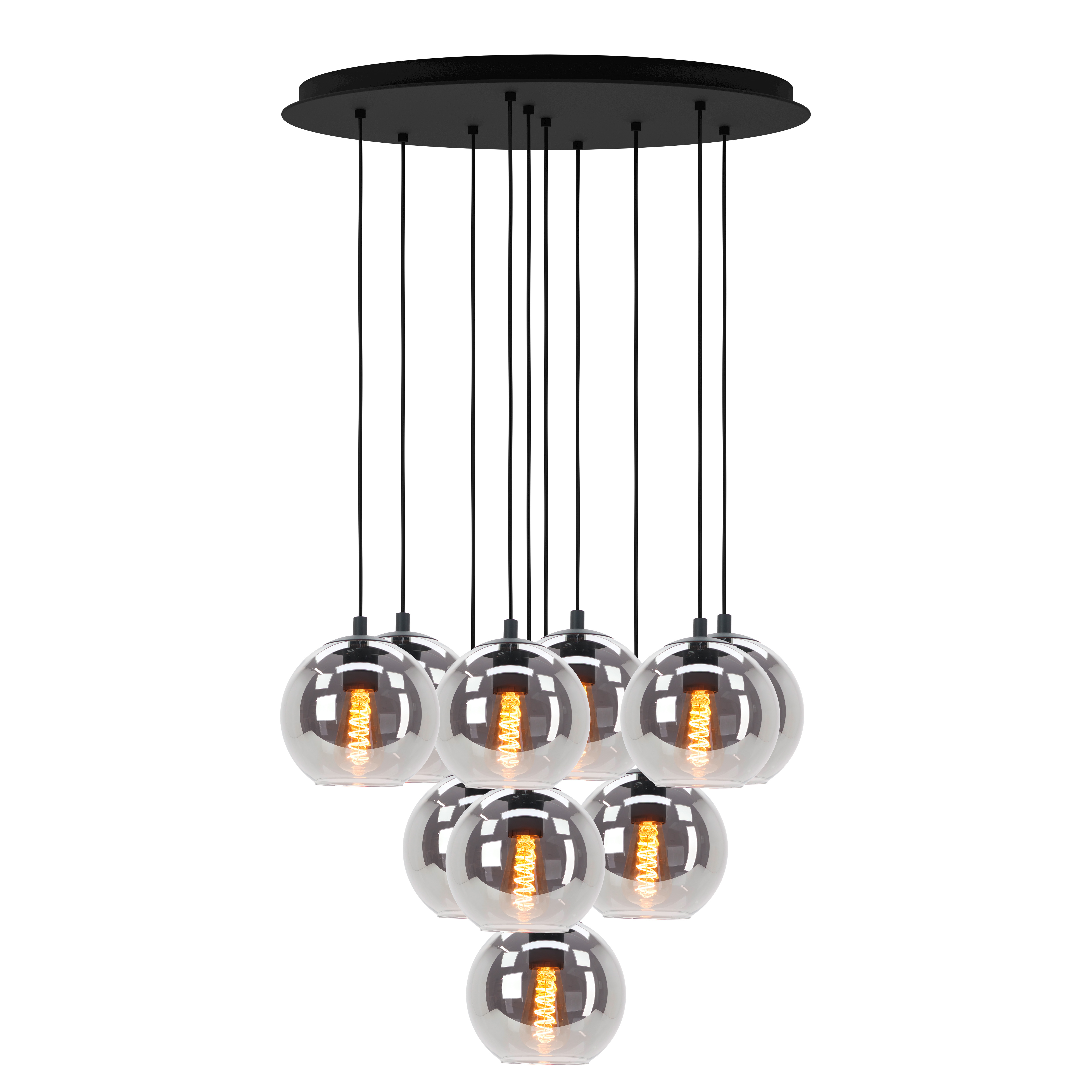 Un lampadario con nove lampade sferiche in vetro, ciascuna con una lampadina calda, sospese da una placca nera a soffitto.