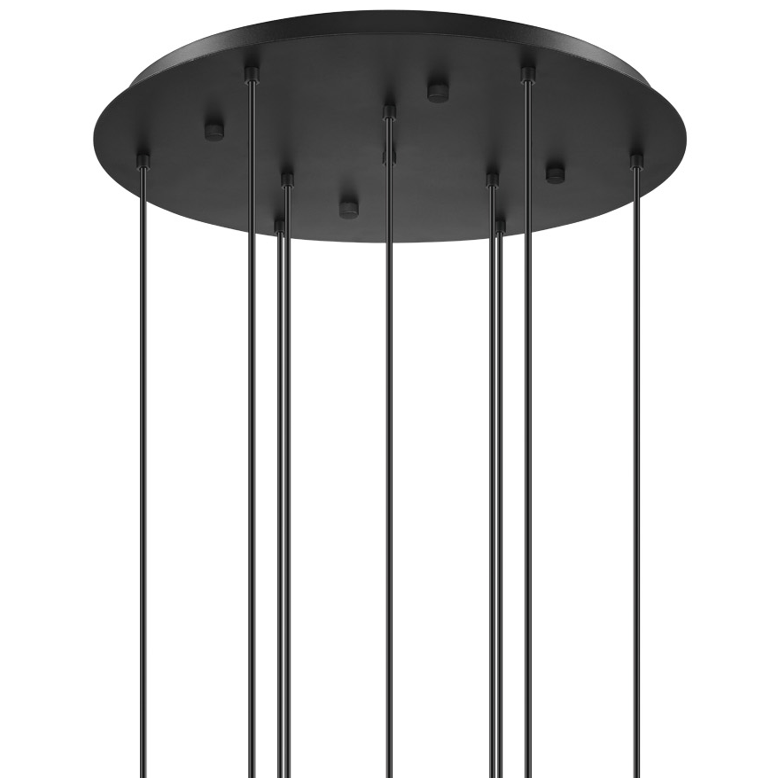Un apparecchio a soffitto nero e circolare con più aste nere pendenti. L'apparecchio ha diverse viti.