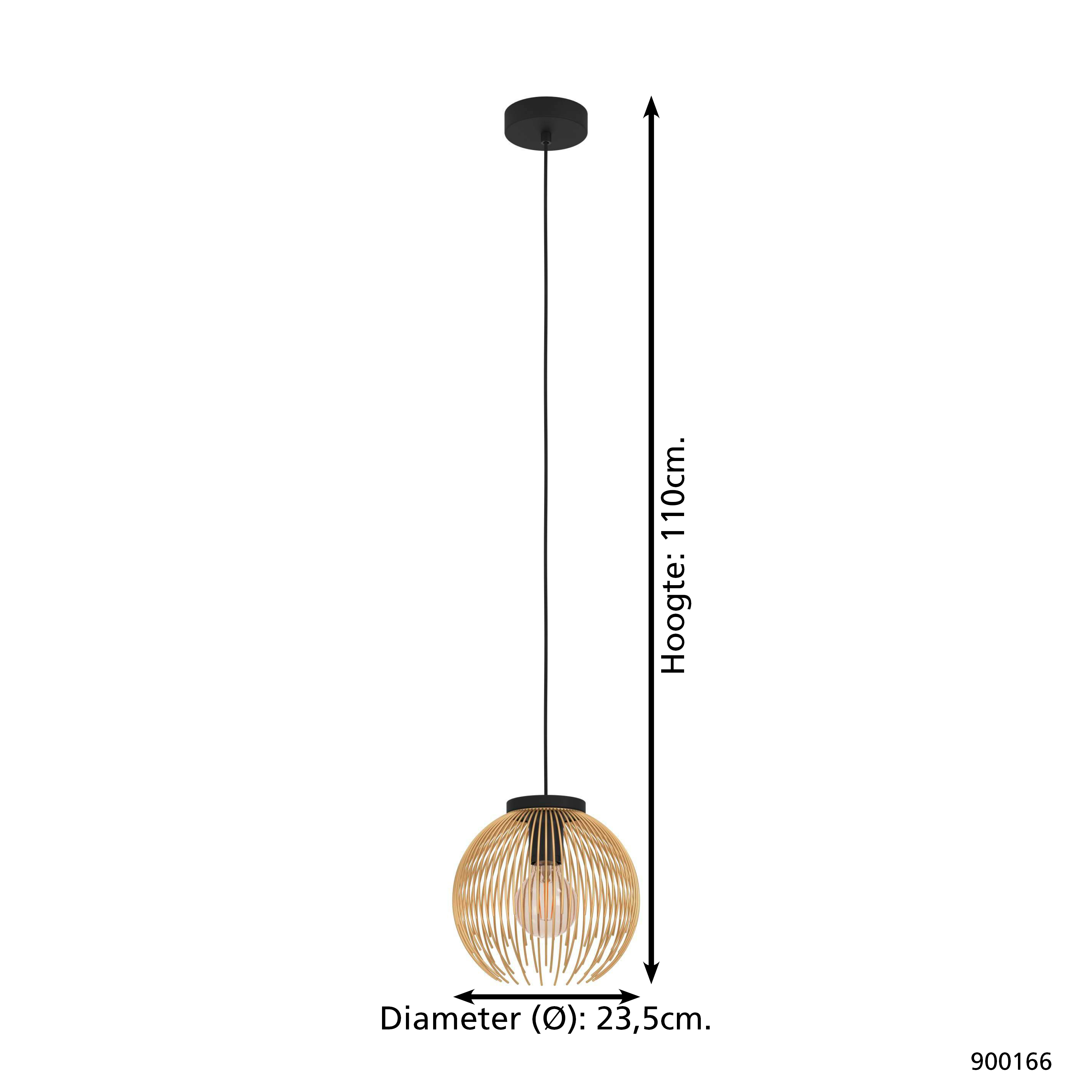 Une suspension avec un abat-jour globe en bois. Les dimensions sont affichées. La lampe est suspendue à un support de plafond noir.
