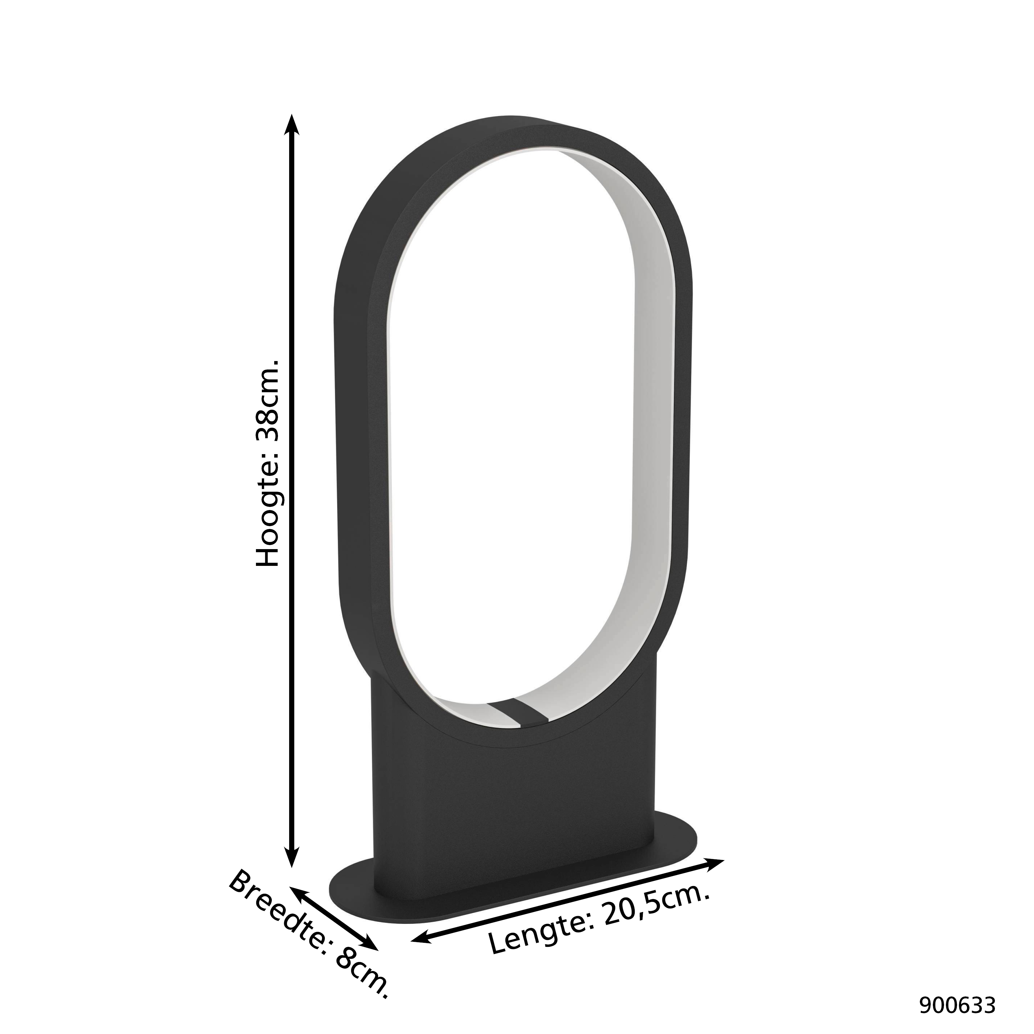 Eine schwarze, moderne Außenleuchte. Sie hat eine ovale Form mit weißem Innenraum, 38 cm hoch, 20,5 cm lang und 8 cm breit.