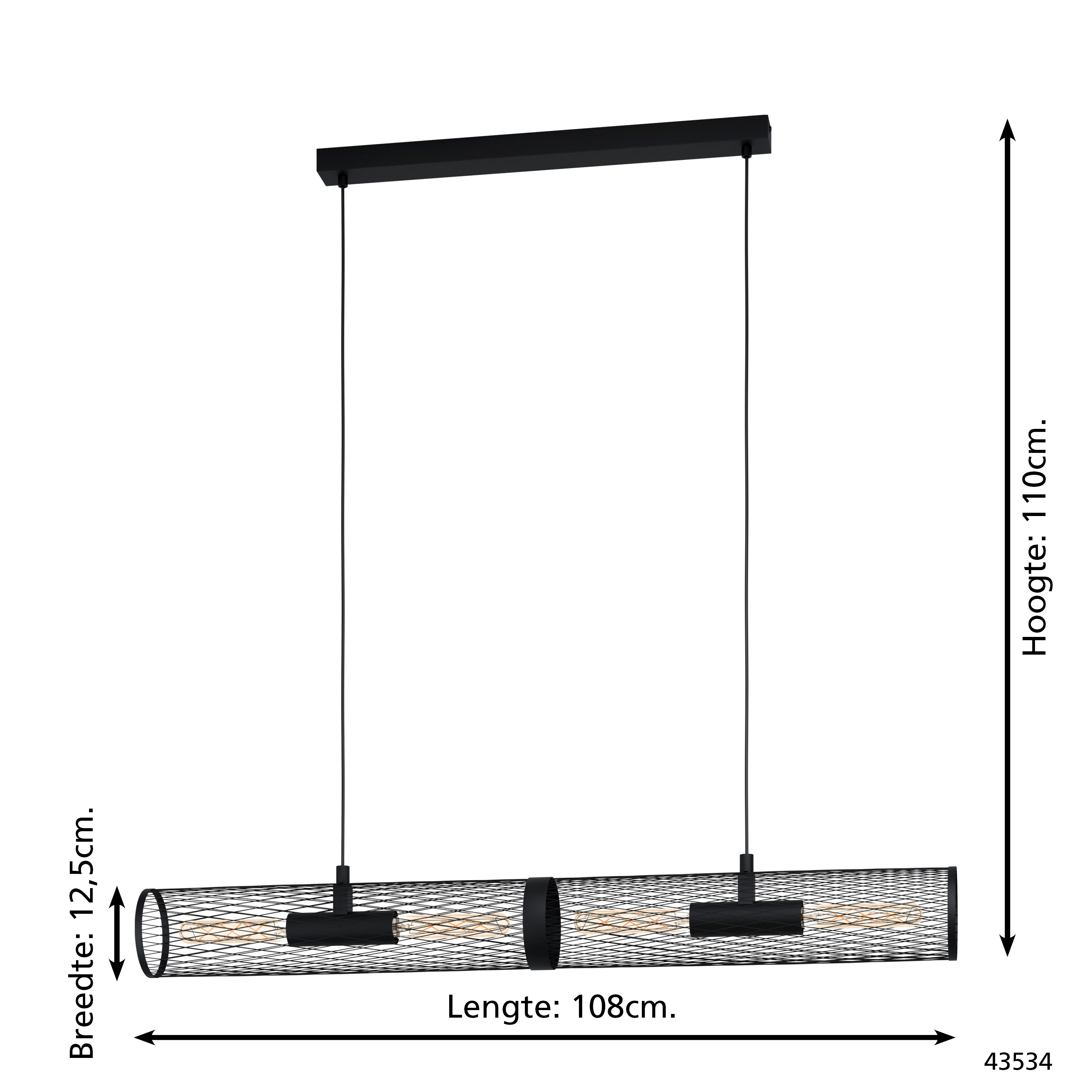 Eine schwarze, moderne Lampe mit rechteckiger Form, die von der Decke hängt. Sie hat einen Metallgitterkäfig und sichtbare Glühbirnen.