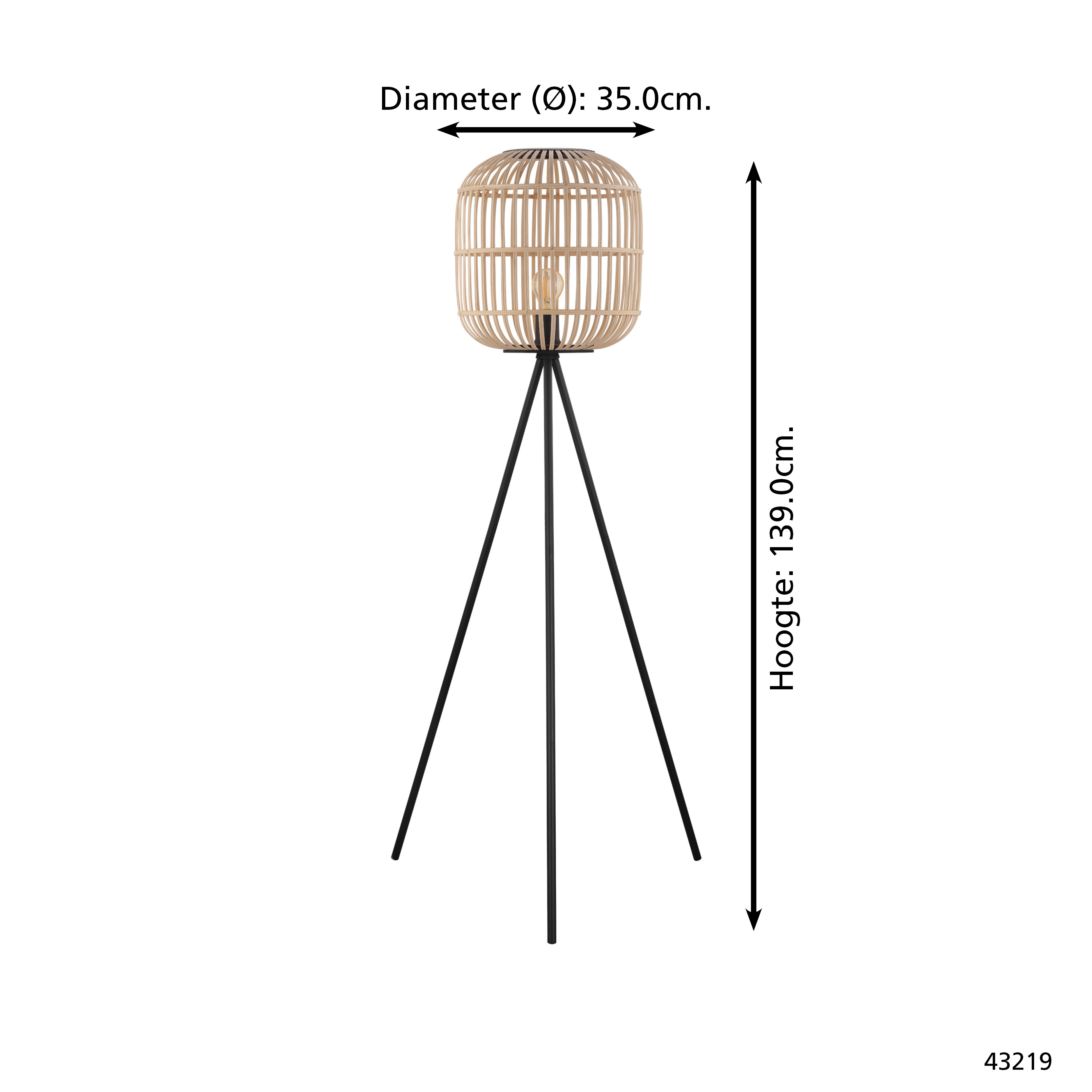 Une lampe en bambou avec une ampoule à l'intérieur, soutenue par une base trépied noire. Diamètre 35,0 cm, hauteur 139,0 cm.