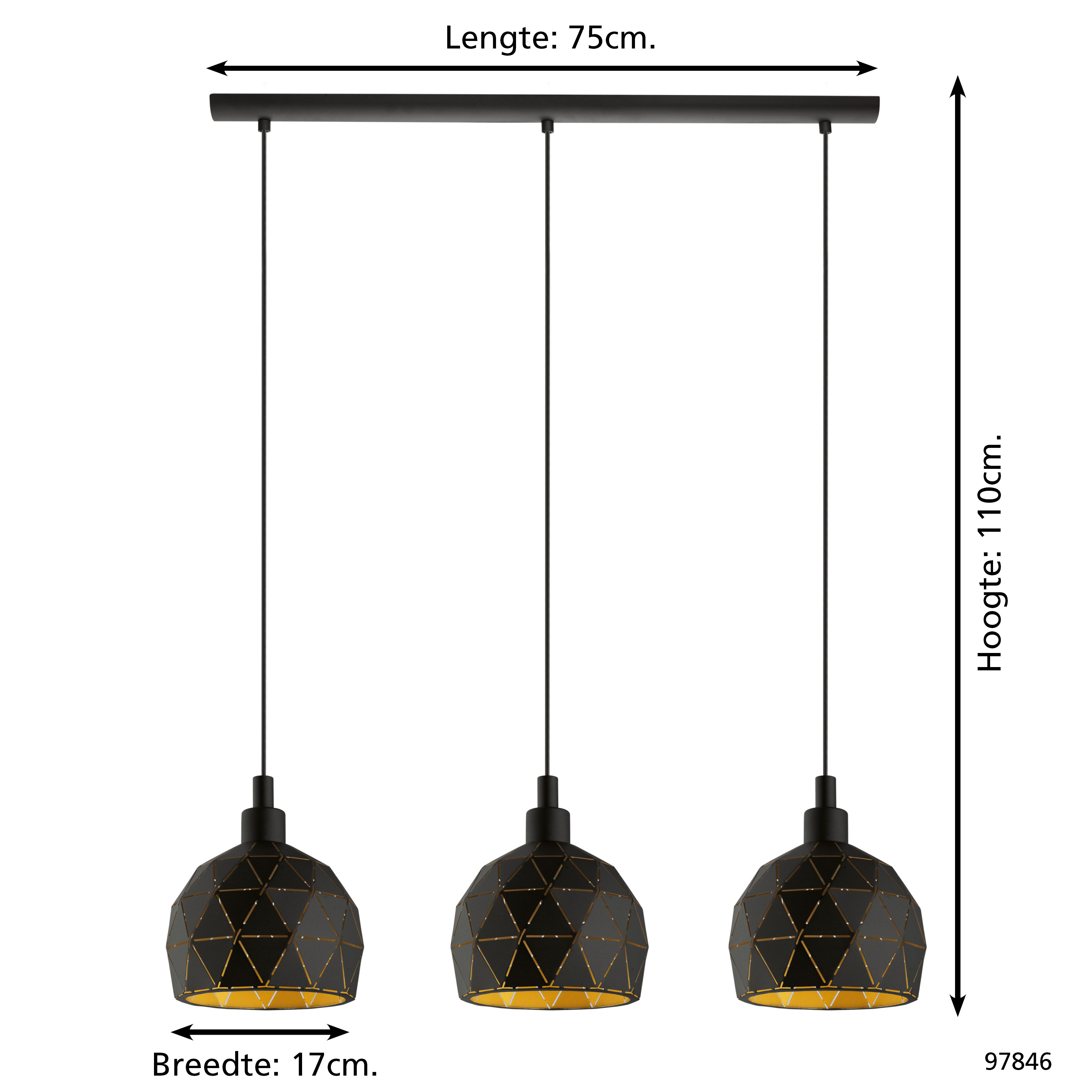 Eine schwarze geometrische Pendelleuchte mit drei Leuchten. Abmessungen sind angegeben.