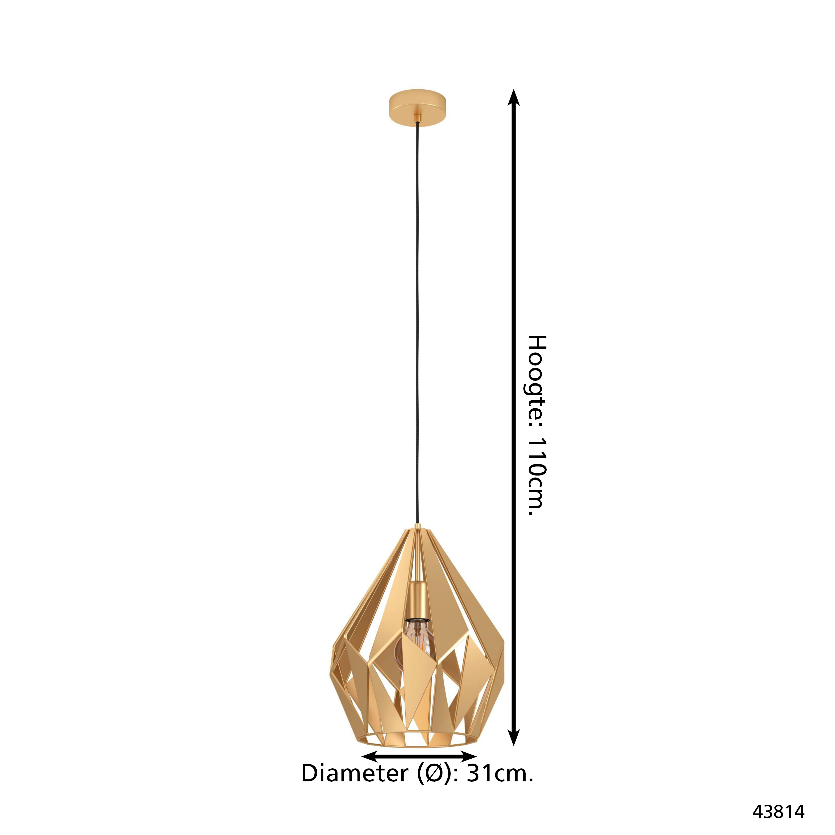 Eine goldene Pendelleuchte hängt an einem schwarzen Kabel. Die Lampe ist rautenförmig mit einer sichtbaren Glühbirne.