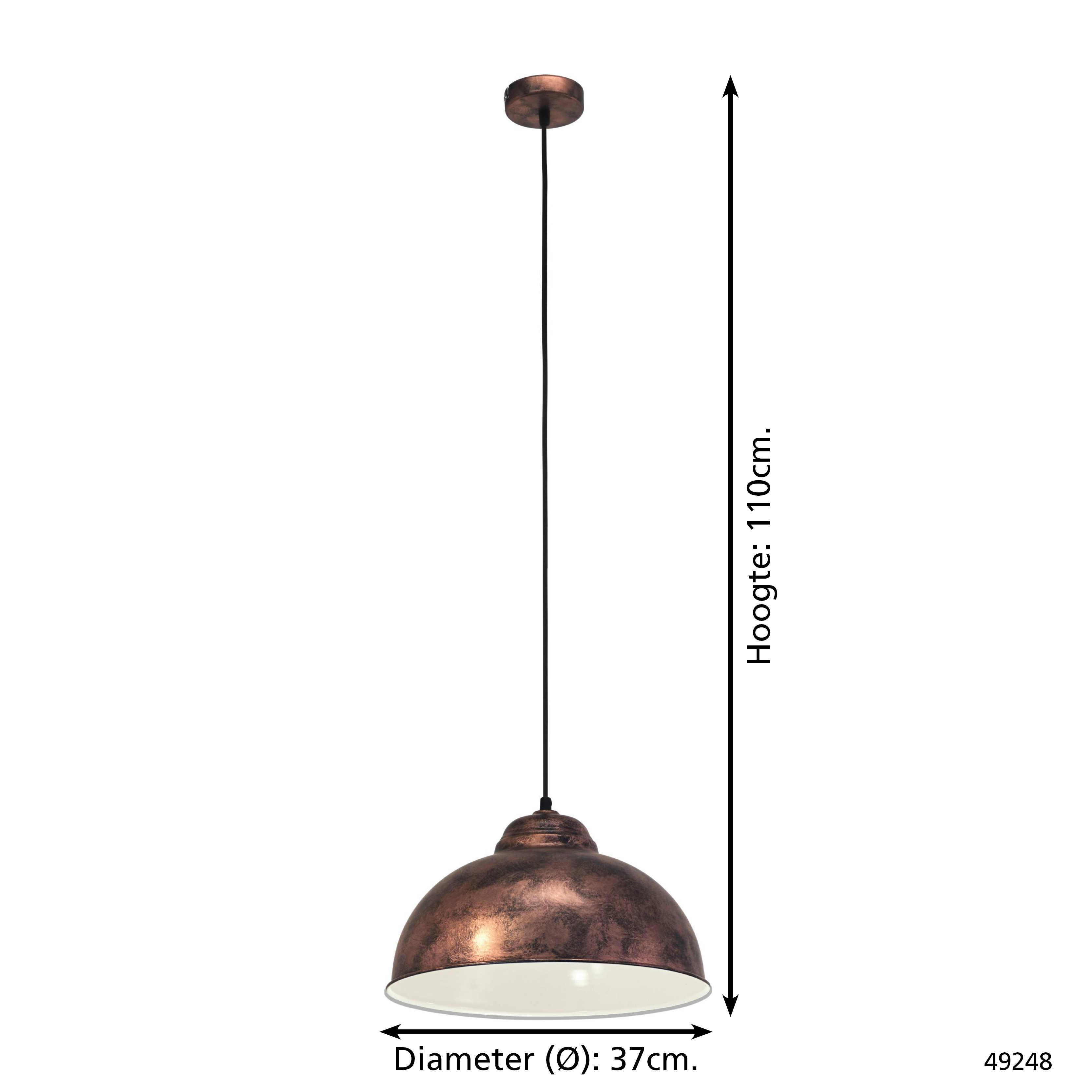 Eine kupferfarbene Pendelleuchte mit 37cm Durchmesser, an einem schwarzen Kabel hängend, 110cm hoch.