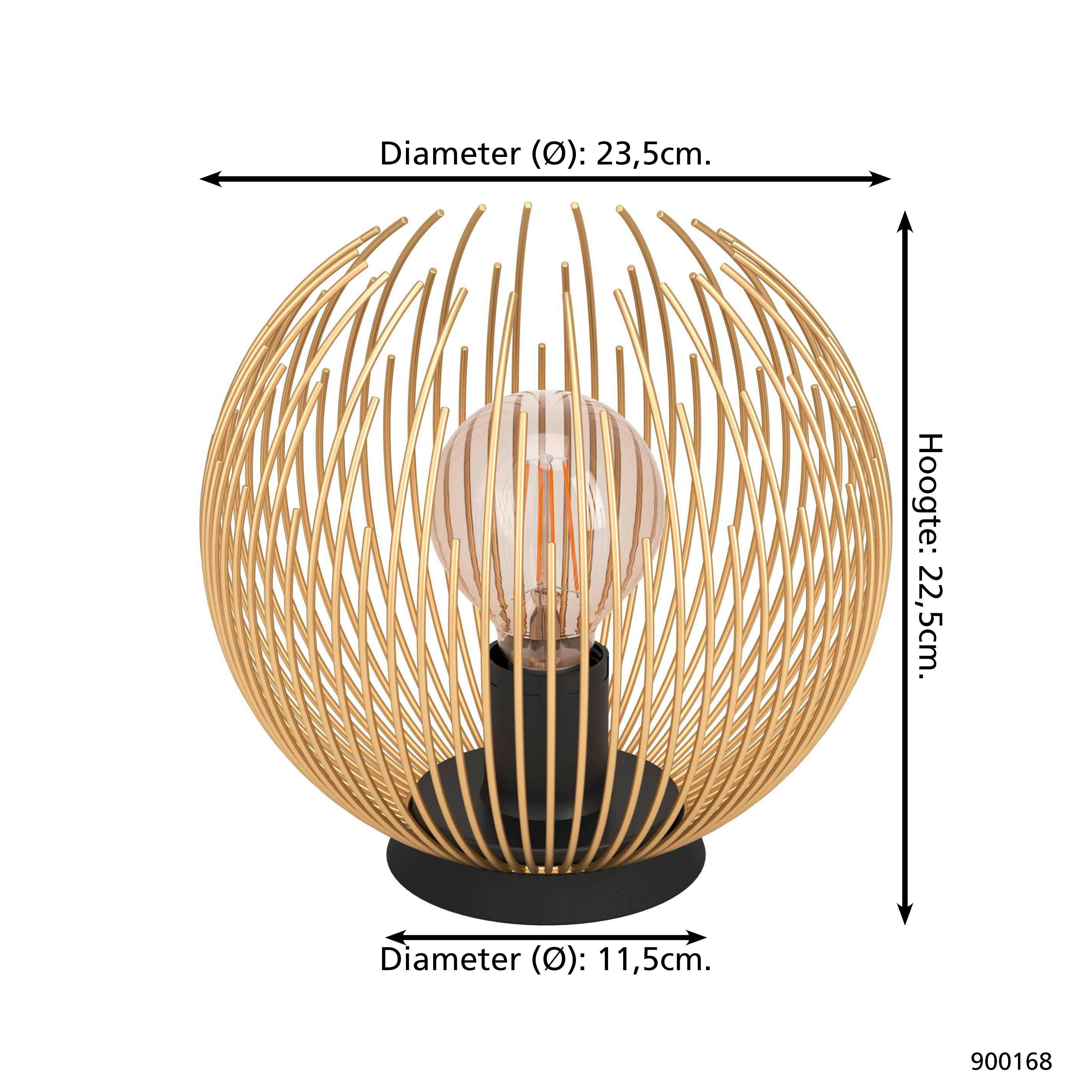 Una lampada sferica in metallo color oro, che racchiude una lampadina. Misure: 23,5 cm di diametro, 22,5 cm di altezza e 11,5 cm di diametro base.