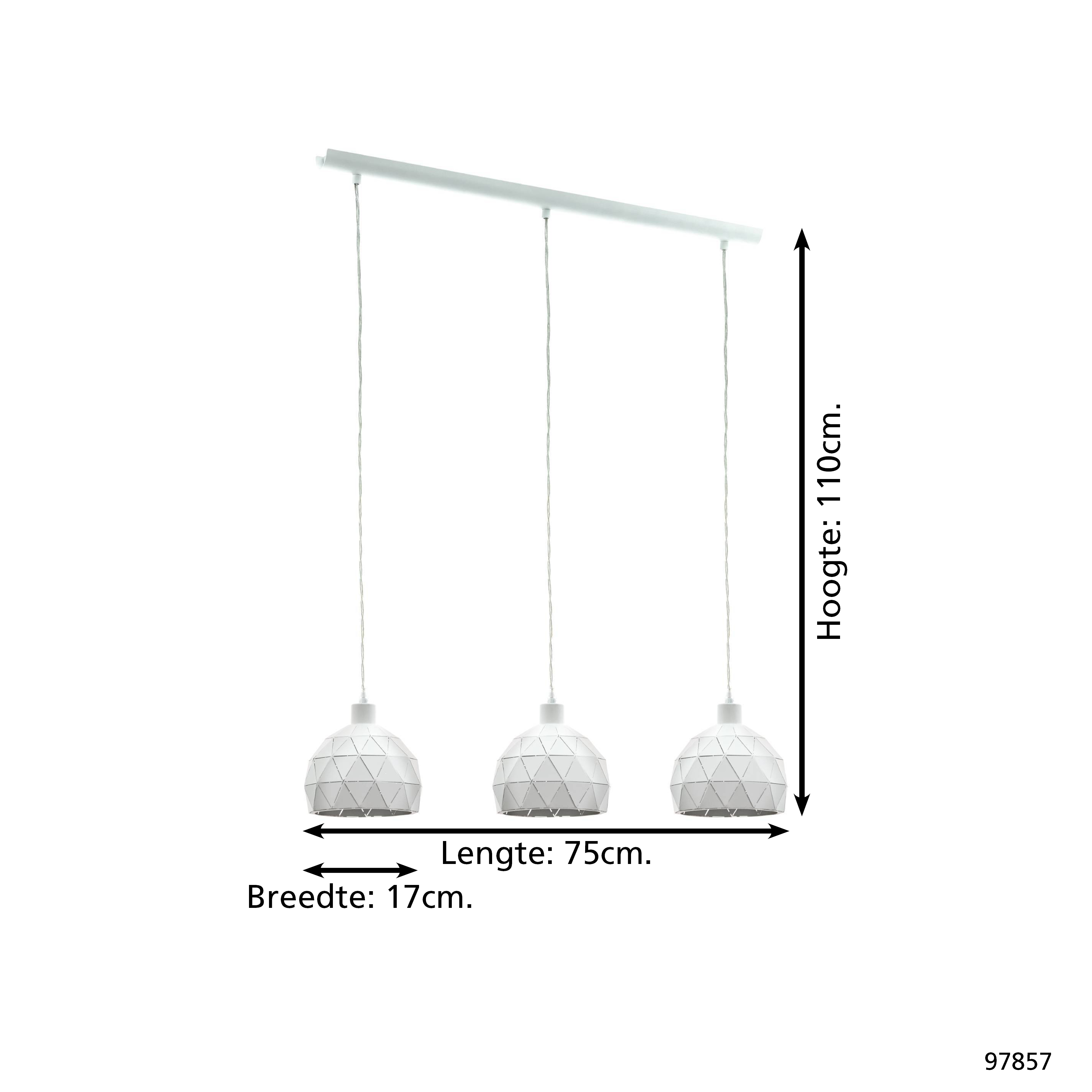 Weiße Deckenlampe mit drei geometrischen Schirmen. Maße: 75cm lang, 17cm breit und 110cm hoch.