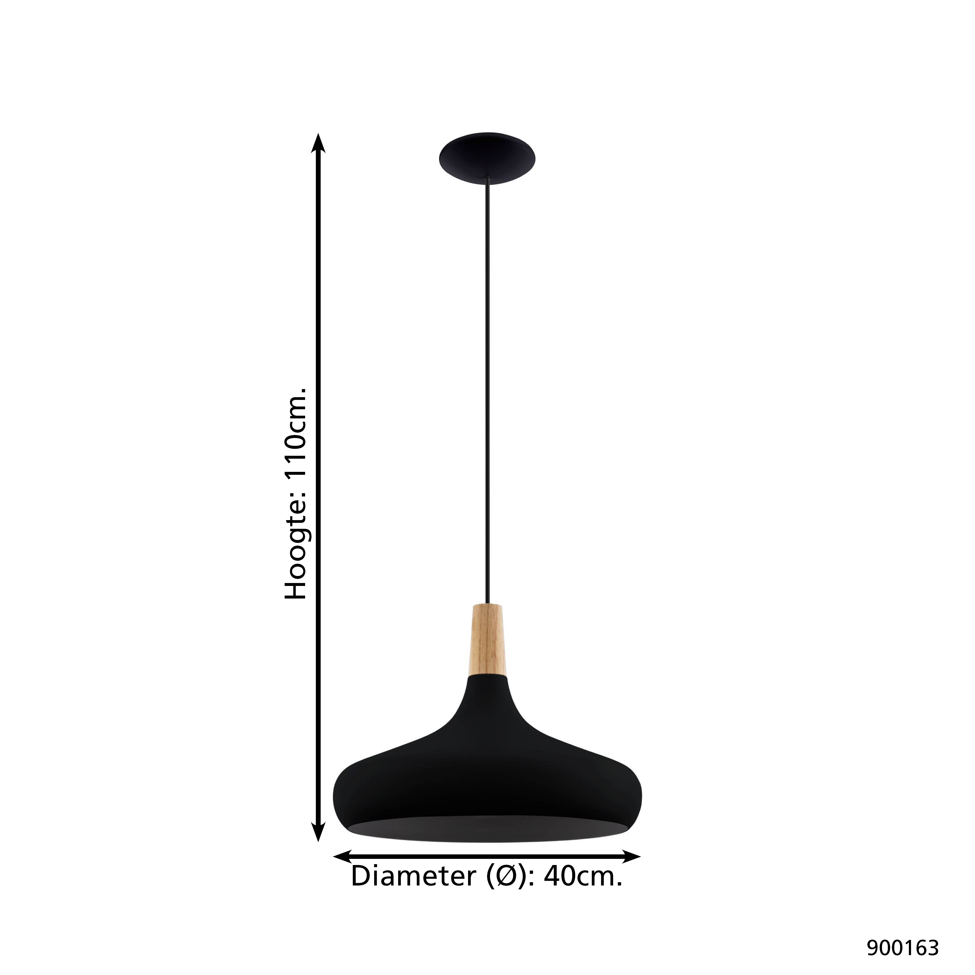 Lampada a sospensione nera con accento in legno, alta 110 cm e diametro 40 cm.