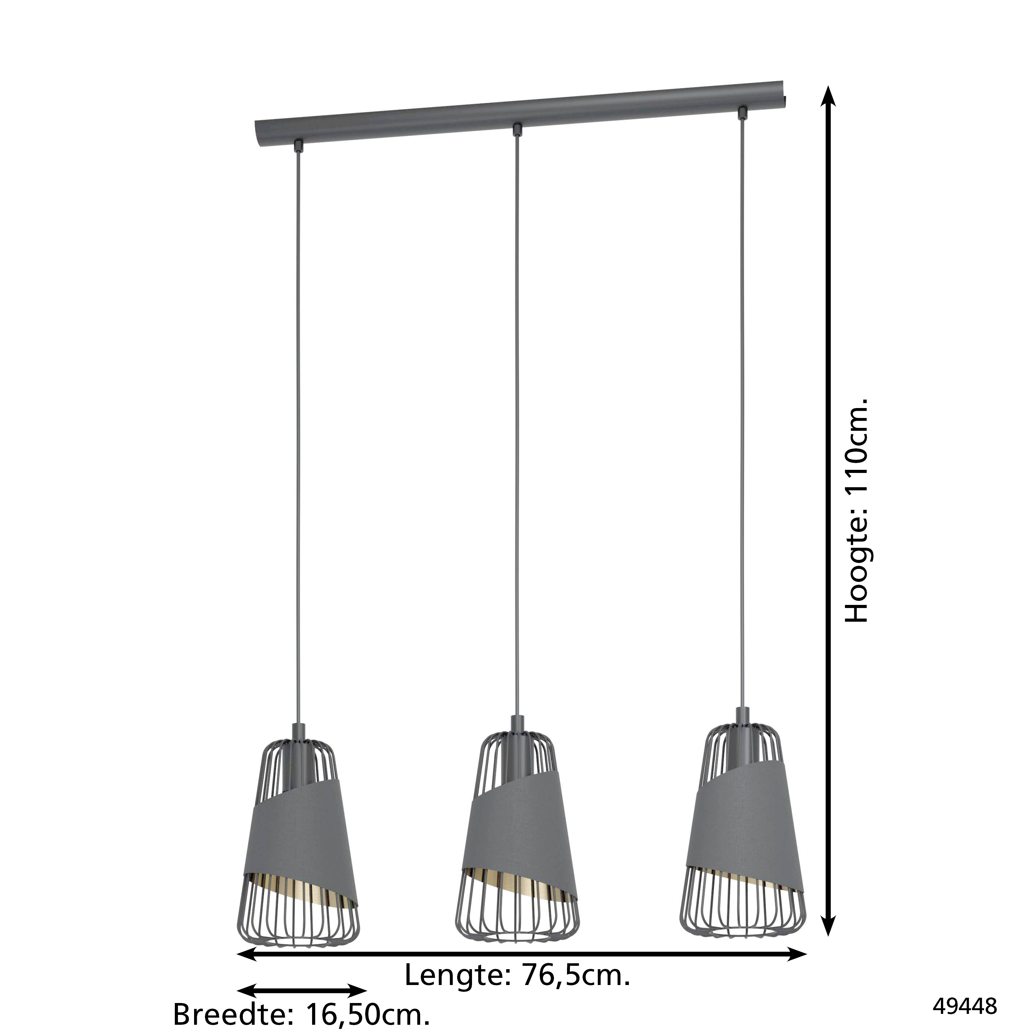 Eine graue Pendelleuchte mit drei Lampen. Die Lampen haben ein Käfigdesign mit grauem Schirm und goldenem Innenraum. Abmessungen werden angezeigt.