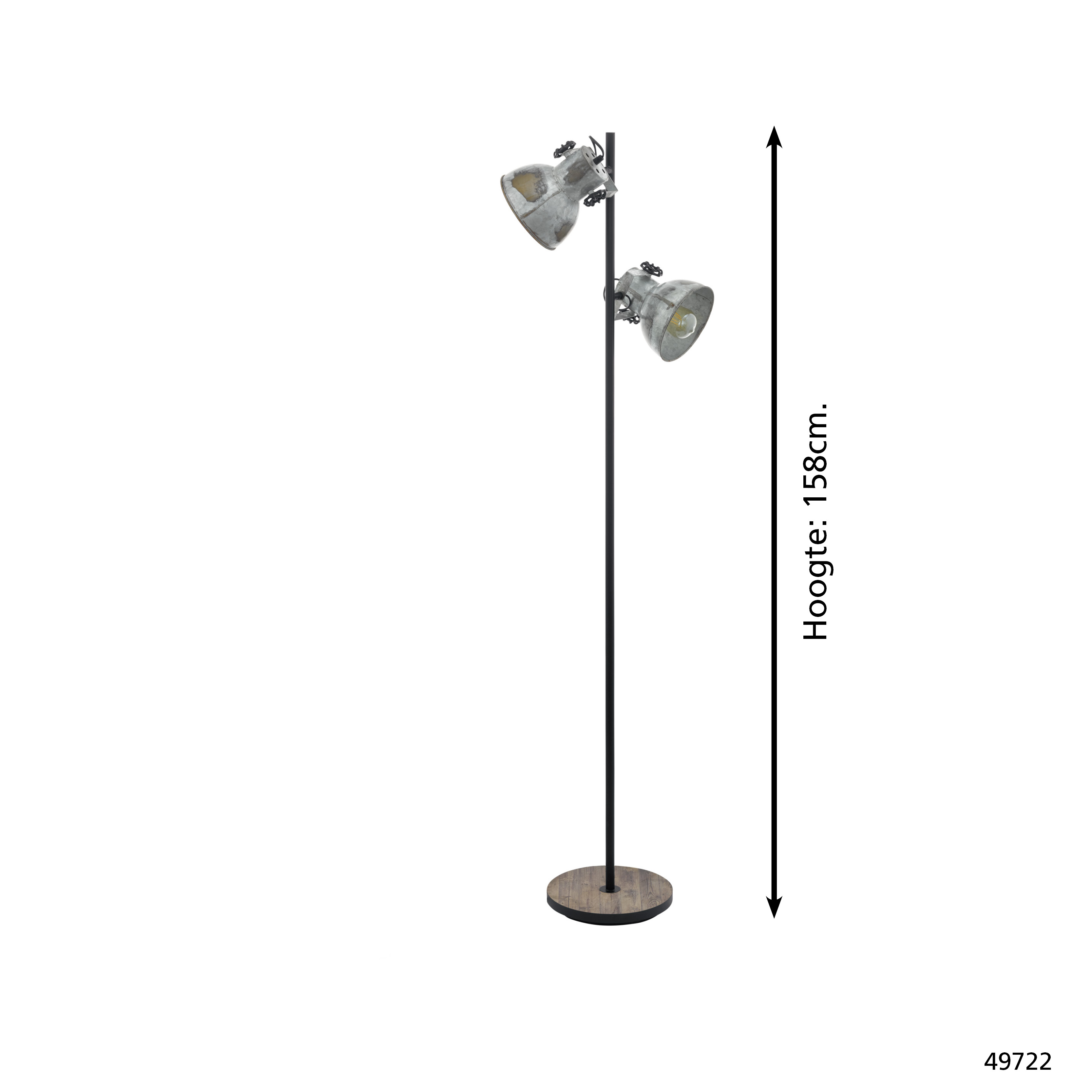 Eine schwarz-silberne Stehlampe mit zwei Lichtern auf weißem Hintergrund. Die Lampe ist 158cm hoch.