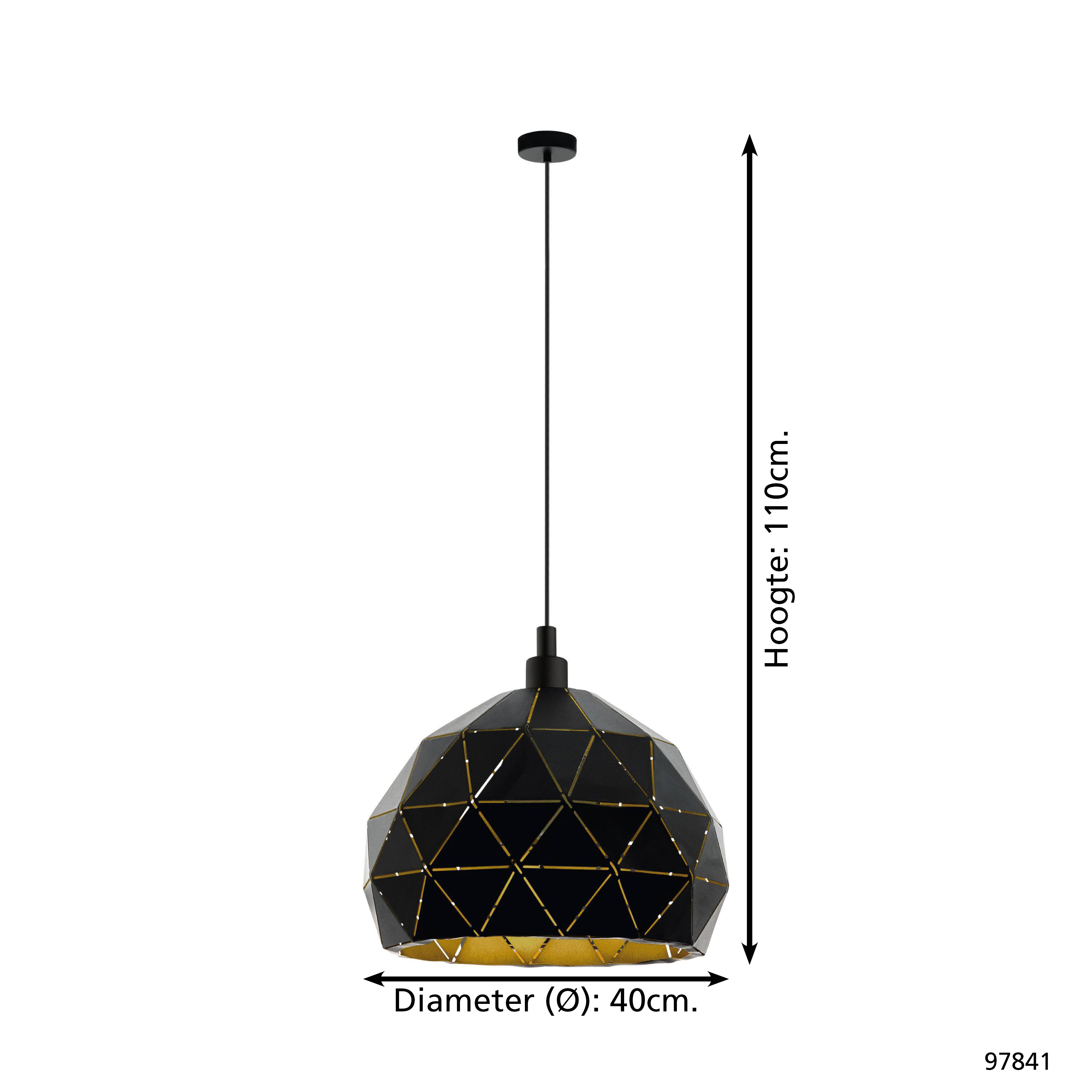 Eine geometrische Hängeleuchte in Schwarz und Gold hängt. Sie ist 110 cm lang und hat einen Durchmesser von 40 cm.
