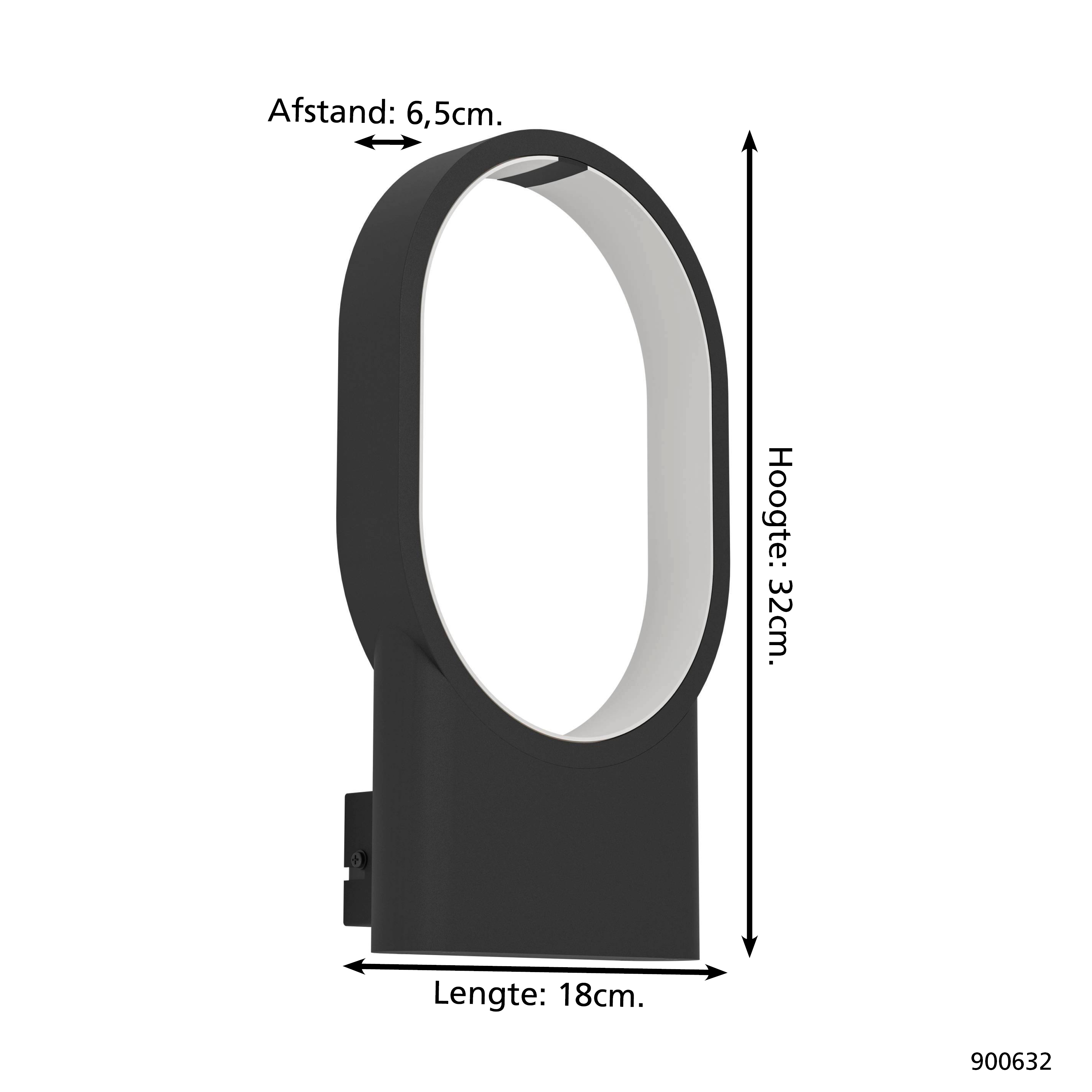 Schwarze, ovale Wandleuchte. Die Lampe hat einen weißen Innenteil und Abmessungen. Der Hintergrund ist weiß.