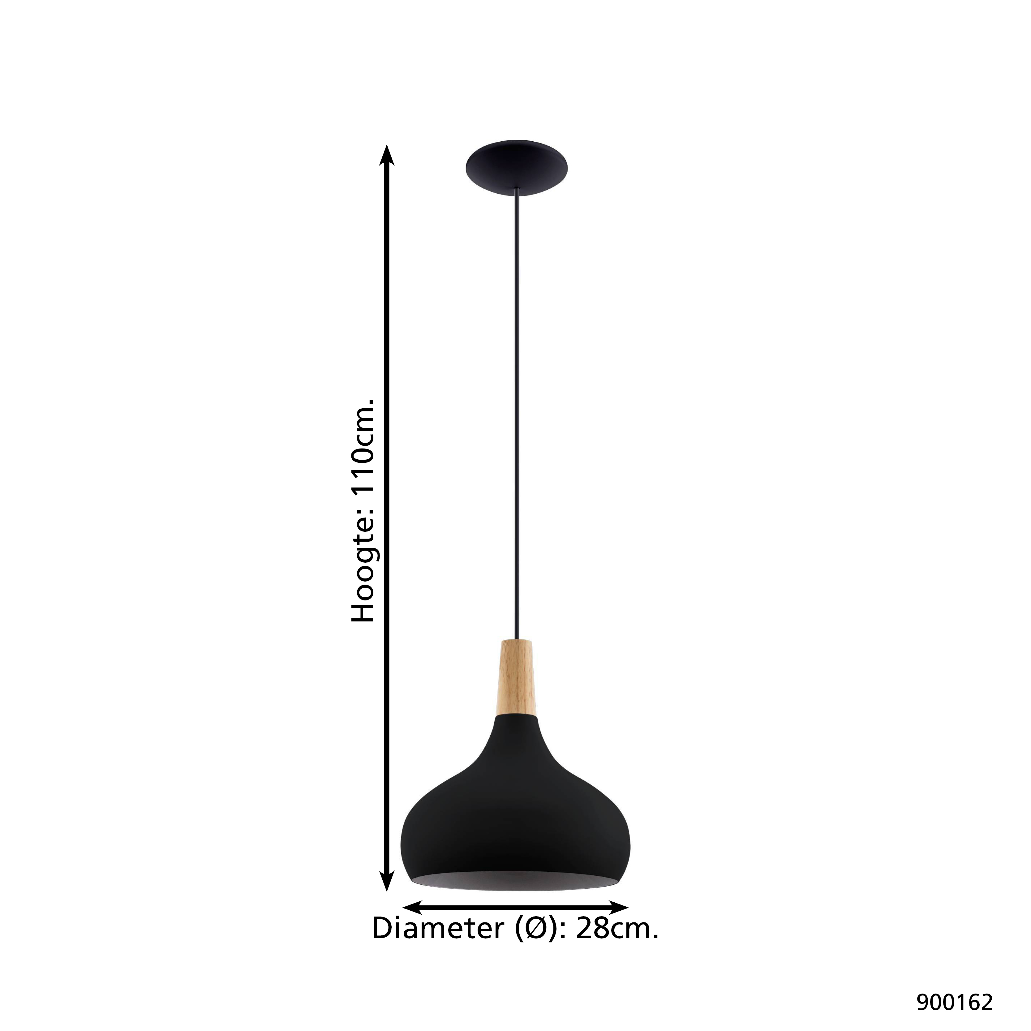 Una lampada a sospensione nera con un accento in legno. La lampada è appesa a un cavo nero e ha un diametro di 28 cm.