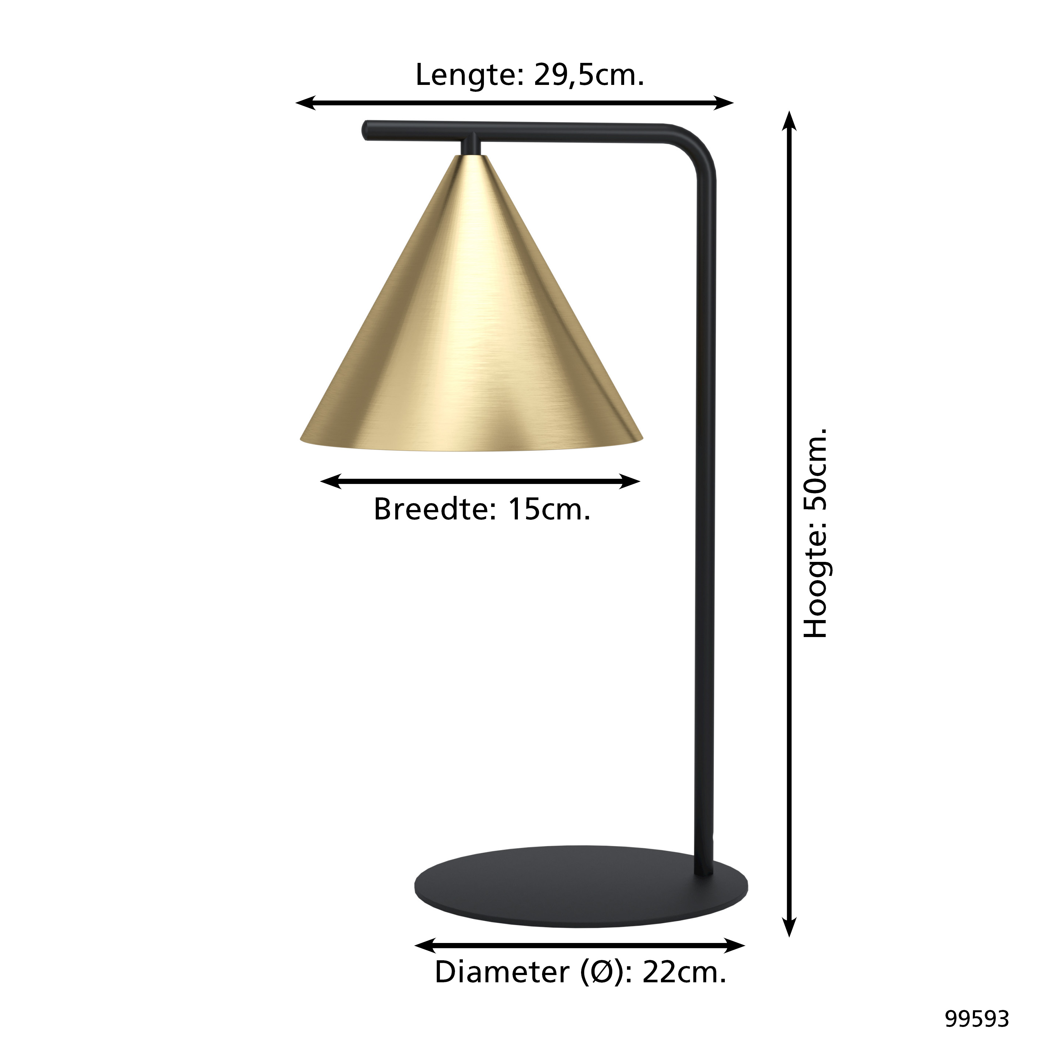 Eine schwarze Lampe mit goldenem Lampenschirm. Die Abmessungen sind mit Pfeilen und Text auf Niederländisch beschriftet.