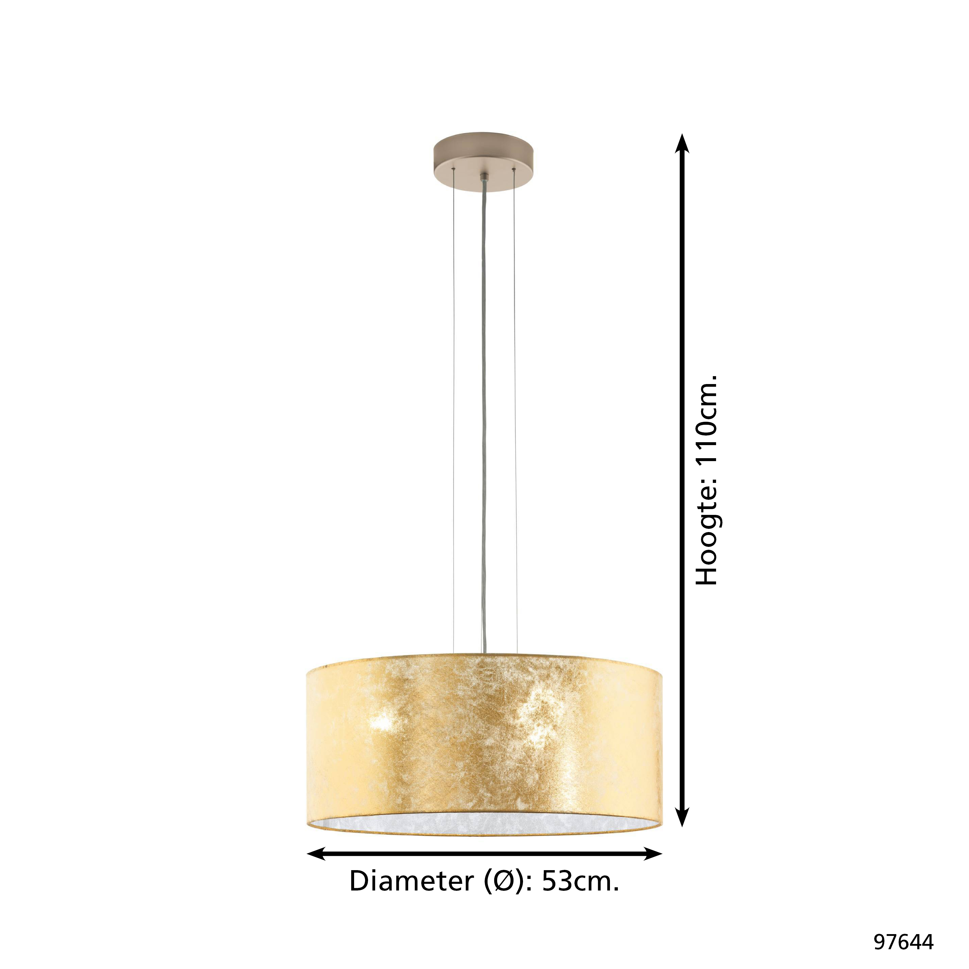 Eine Pendelleuchte mit goldenem Lampenschirm. Die Abmessungen werden mit Pfeilen und Text angezeigt, Durchmesser 53 cm, Höhe 110 cm.