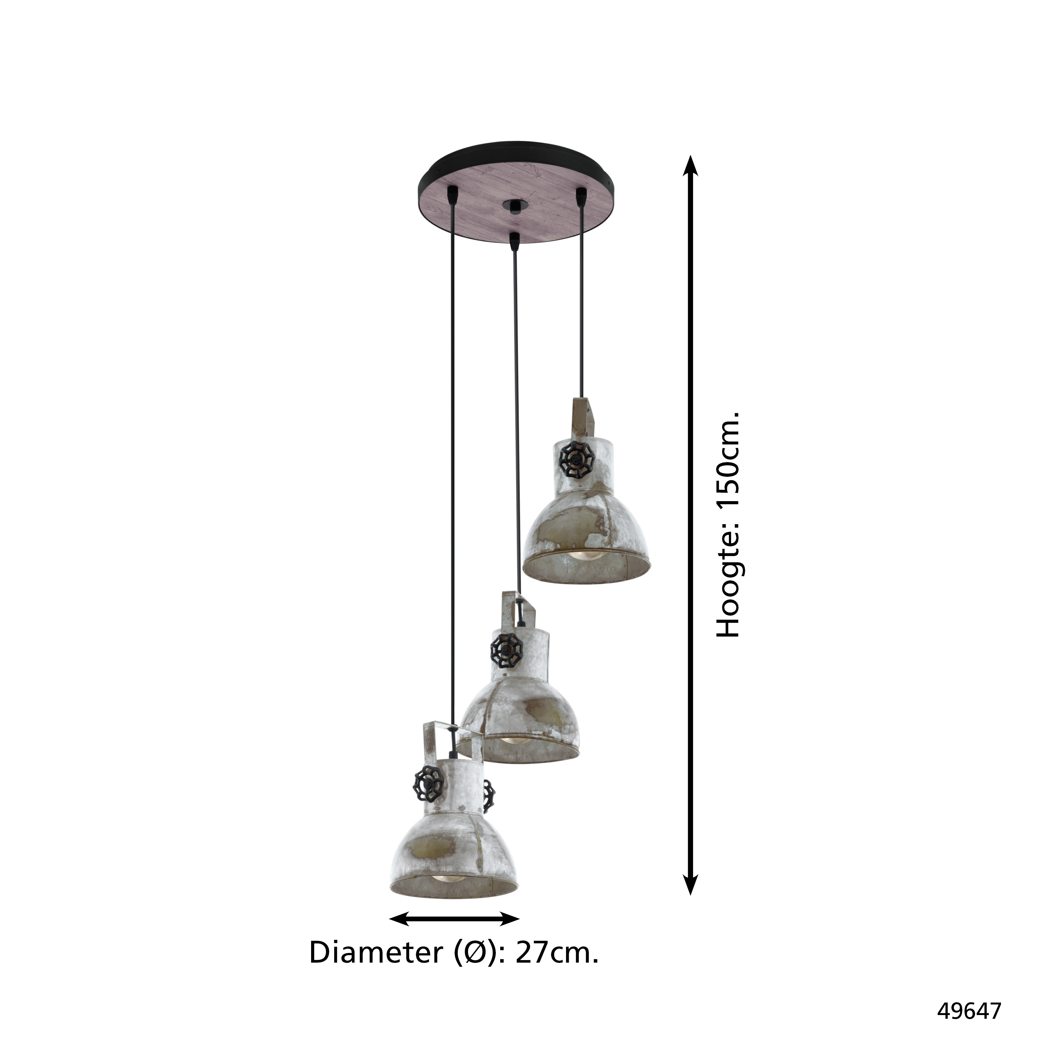 Eine Pendelleuchte mit drei Lichtern, die von einer runden Deckenplatte hängen. Die Lampen sind metallisch, mit ventilartigem Design.