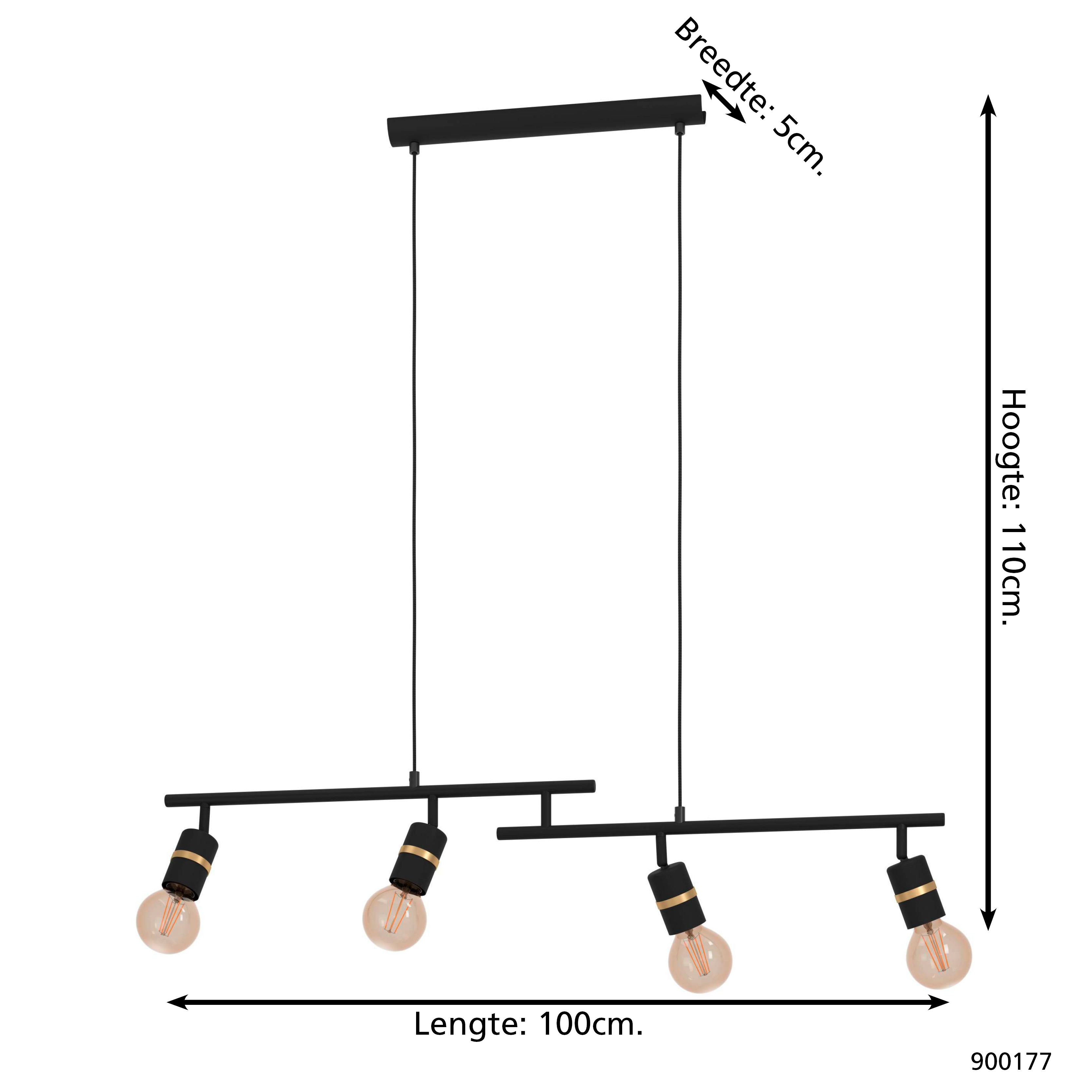 Eine schwarze Pendelleuchte mit vier Glühbirnen. Maße: 100cm Länge, 110cm Höhe und 5cm Breite.