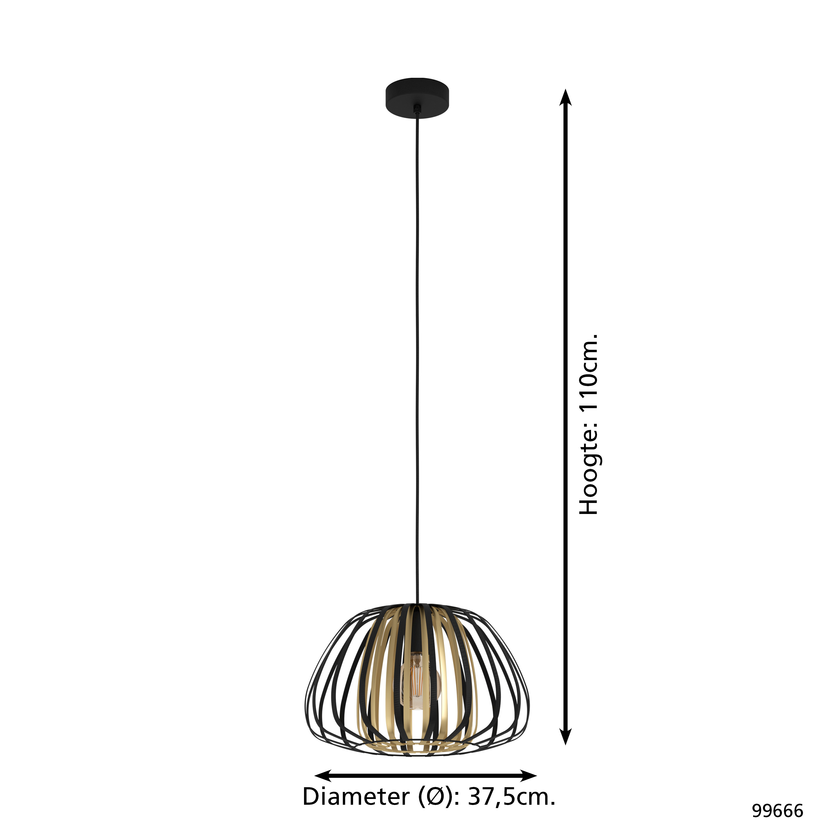 Eine schwarz-goldene Pendelleuchte hängt von der Decke. Sie hat ein Käfigdesign und einen Durchmesser von 37,5 cm, Höhe 110 cm.