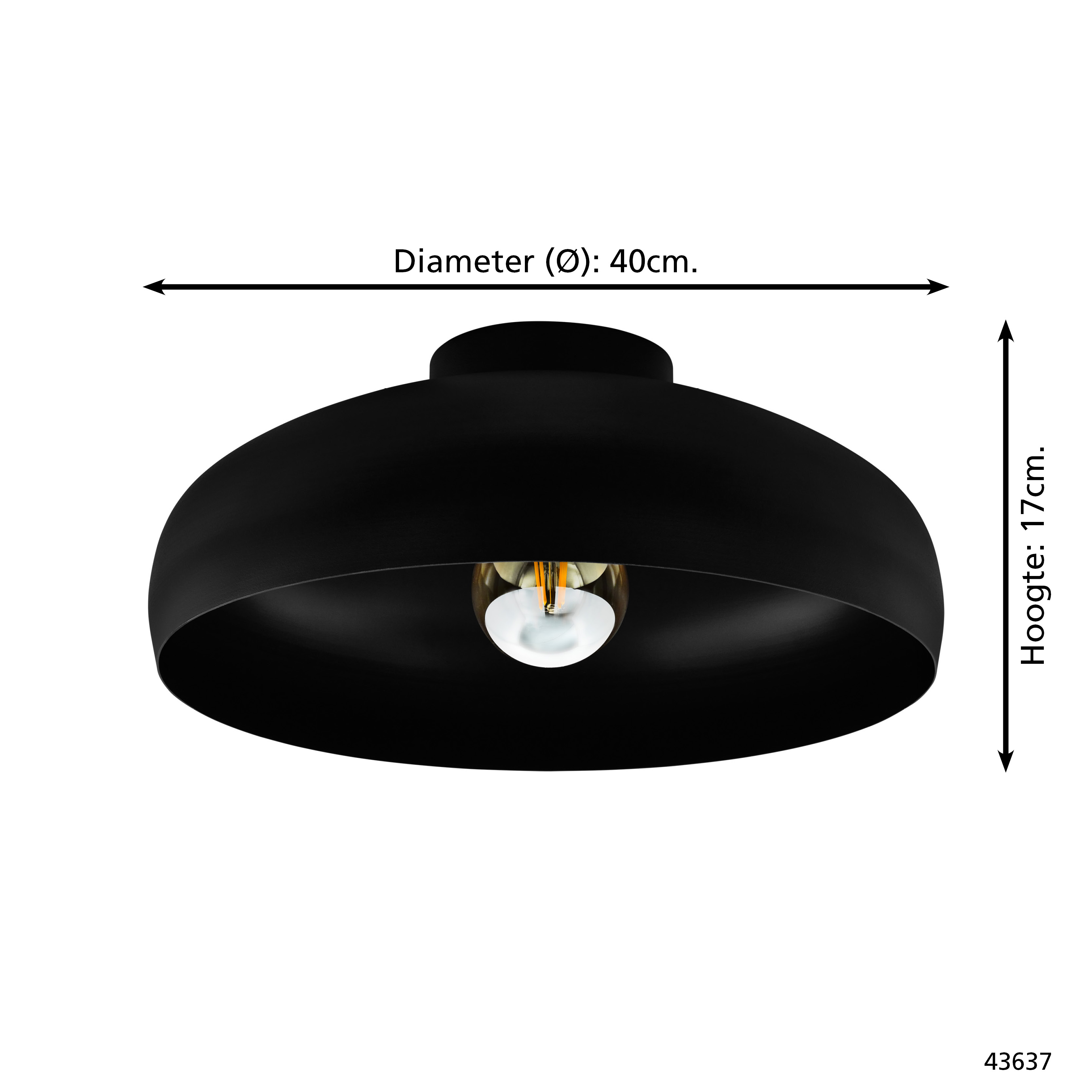 Lampada a sospensione nera con lampadina visibile. Misure: diametro 40 cm e altezza 17 cm, su sfondo bianco.