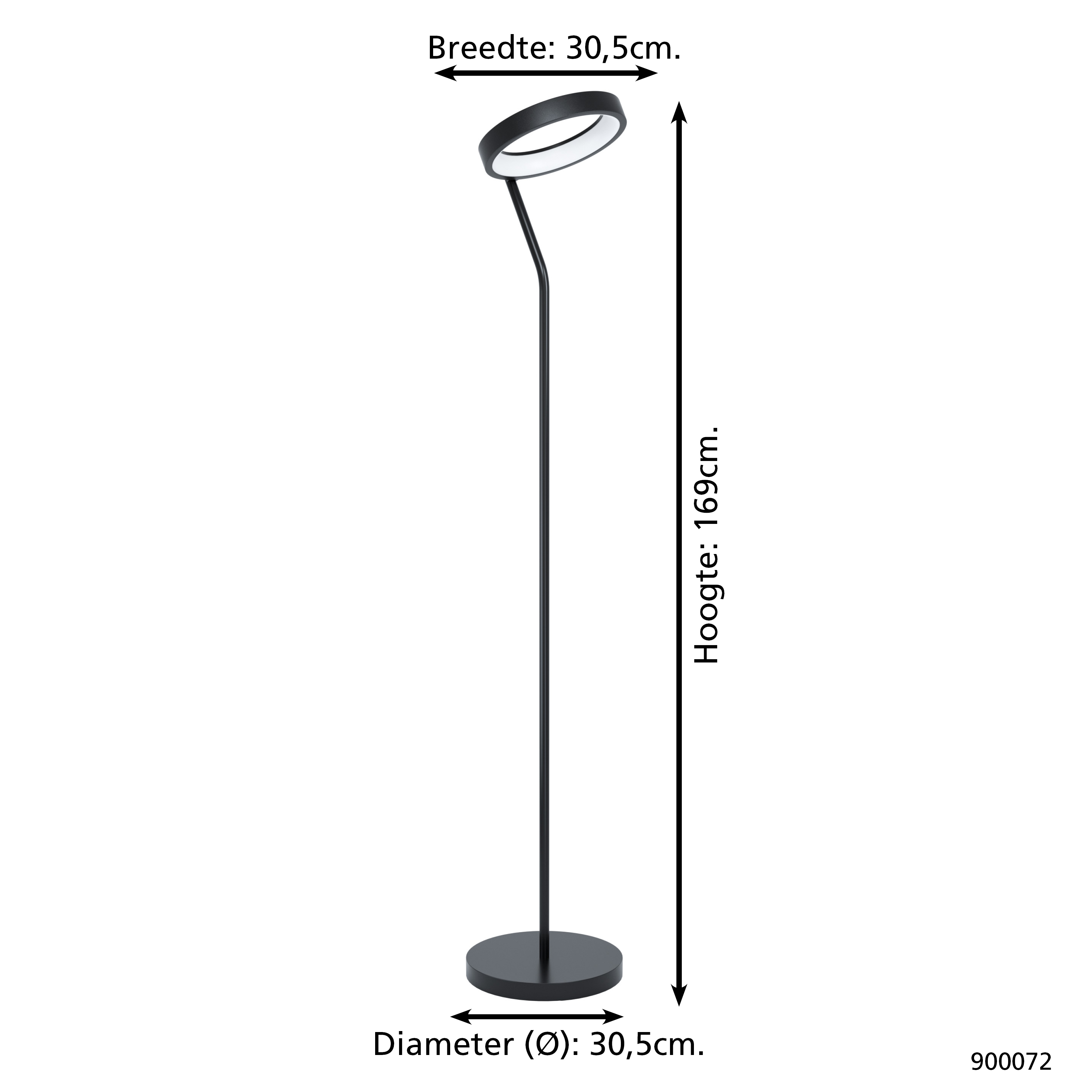 Eine schwarze Stehlampe mit rundem Leuchtenkopf. Sie hat einen runden Sockel und einen gebogenen Stiel. Abmessungen werden angezeigt.