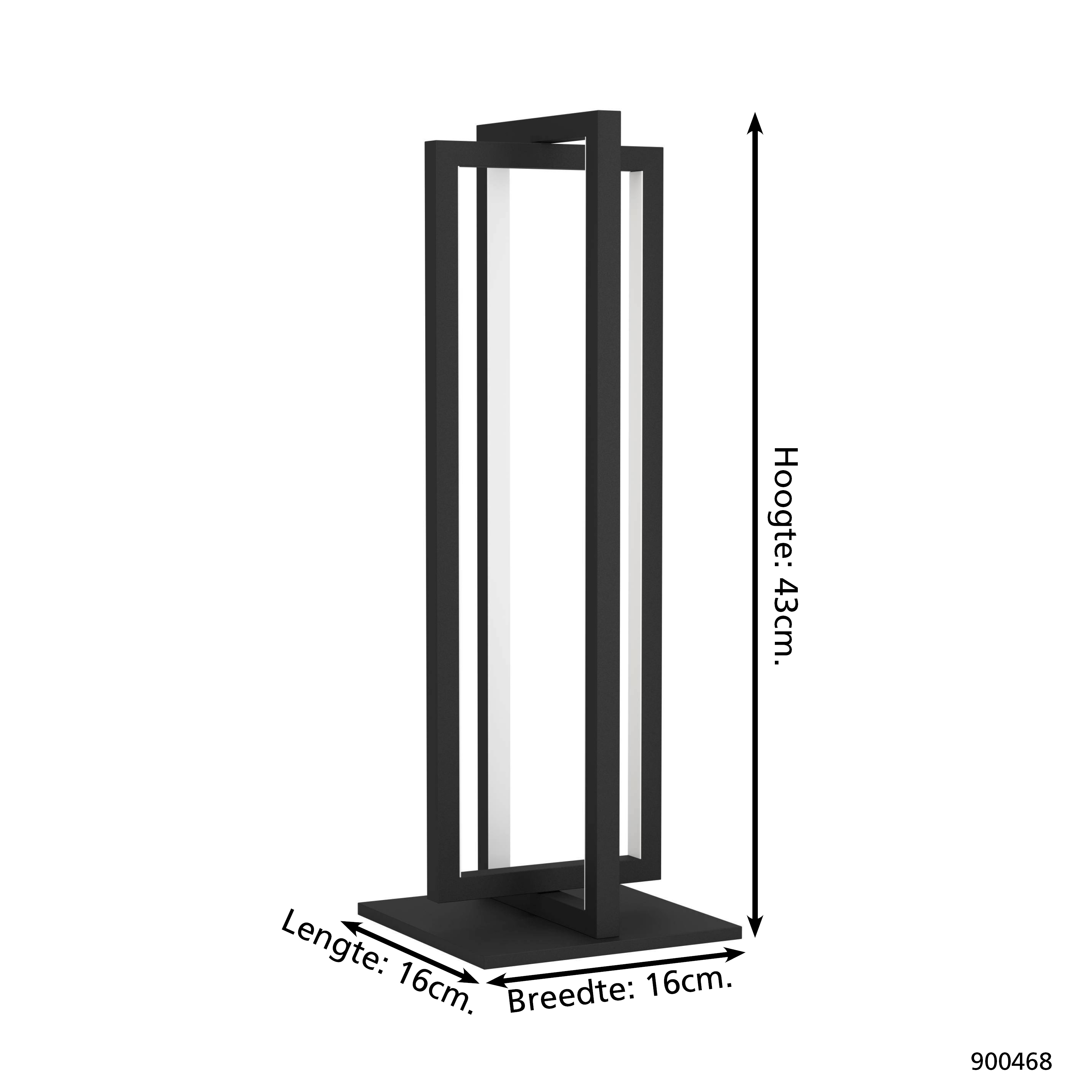 Schwarze, moderne Lampe. Sie hat einen rechteckigen Sockel mit quadratischem Rahmen. Die Höhe beträgt 43 cm. Sie ist 16 cm breit und lang.