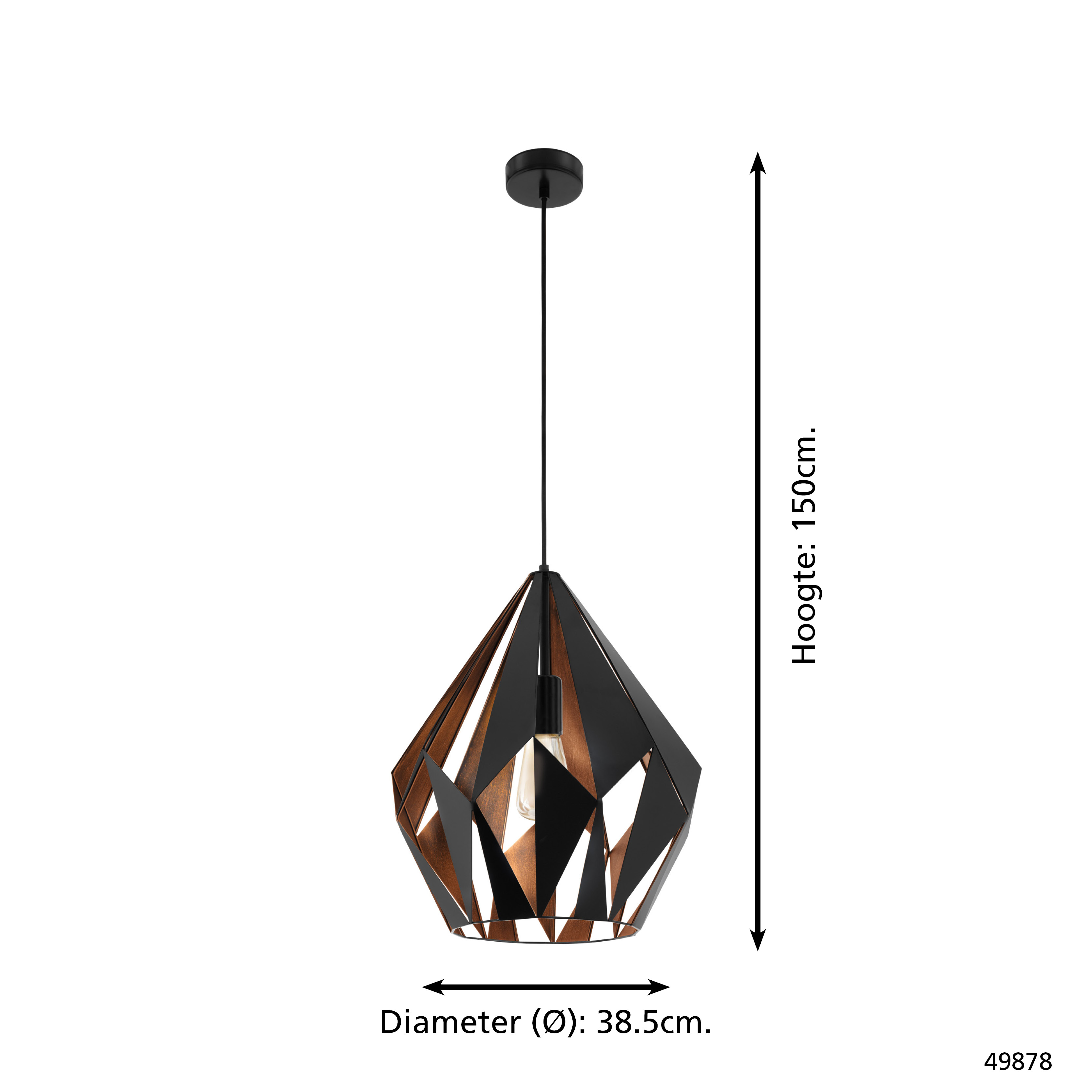 Una lampada a sospensione nera e marrone. Ha un paralume geometrico, una lampadina e un cavo nero. Le dimensioni sono visualizzate.