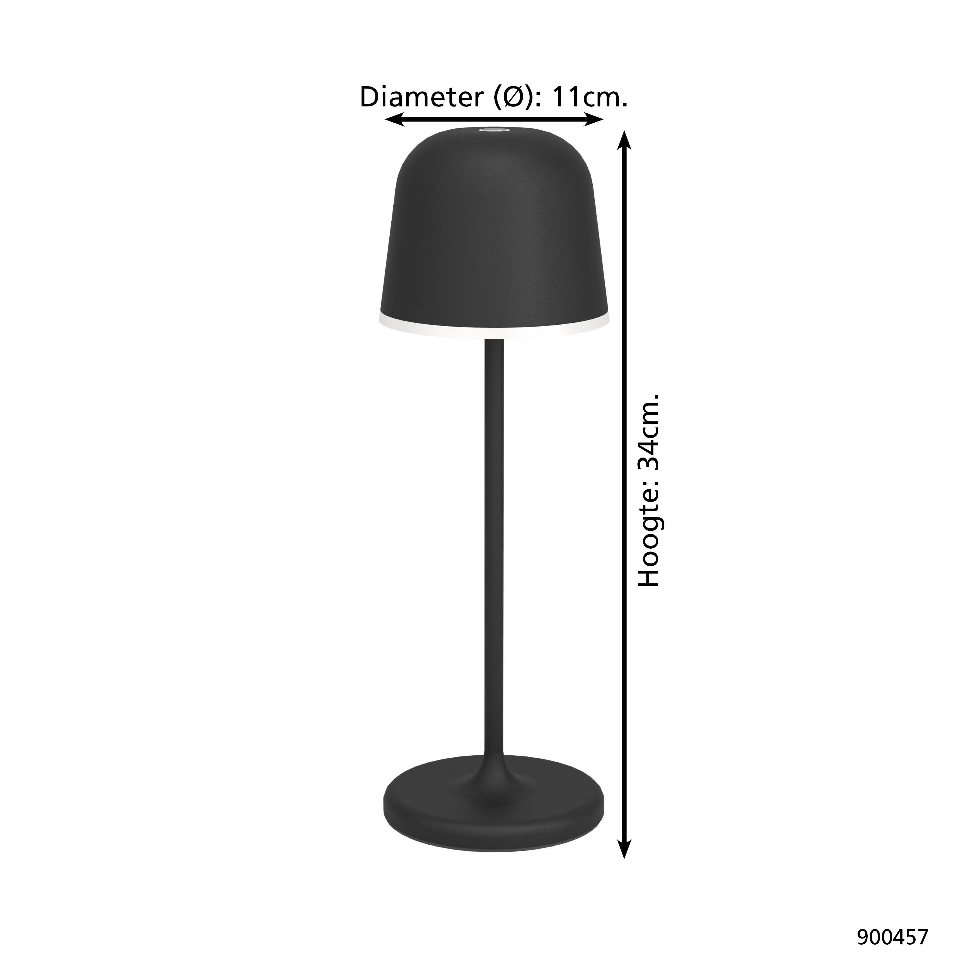 Eine schwarze Tischlampe mit rundem Sockel. Sie hat einen hohen, dünnen Stiel und einen glockenförmigen Schirm.