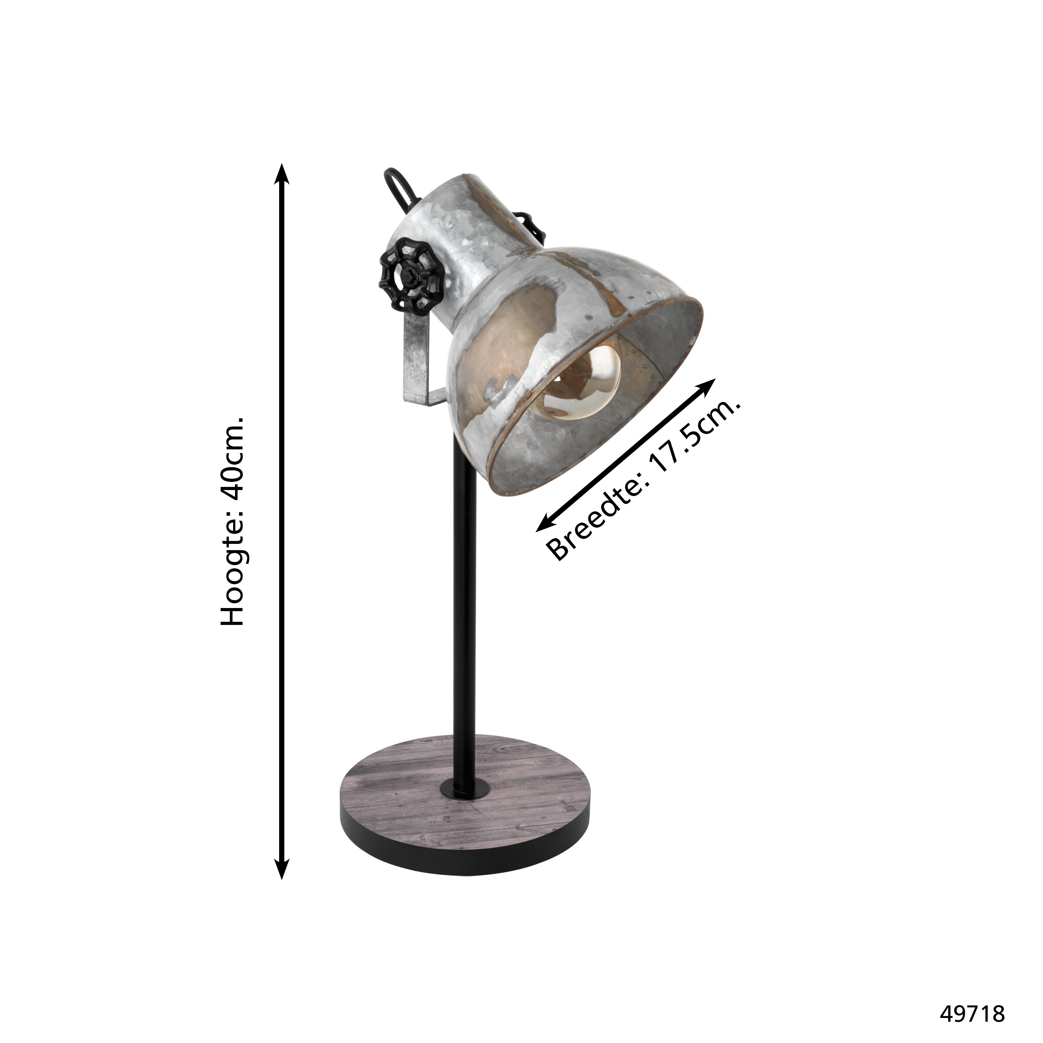 Eine metallische Schreibtischlampe mit Scheinwerferform, schwarzem Stiel und Holzsockel. Maße sind angegeben.