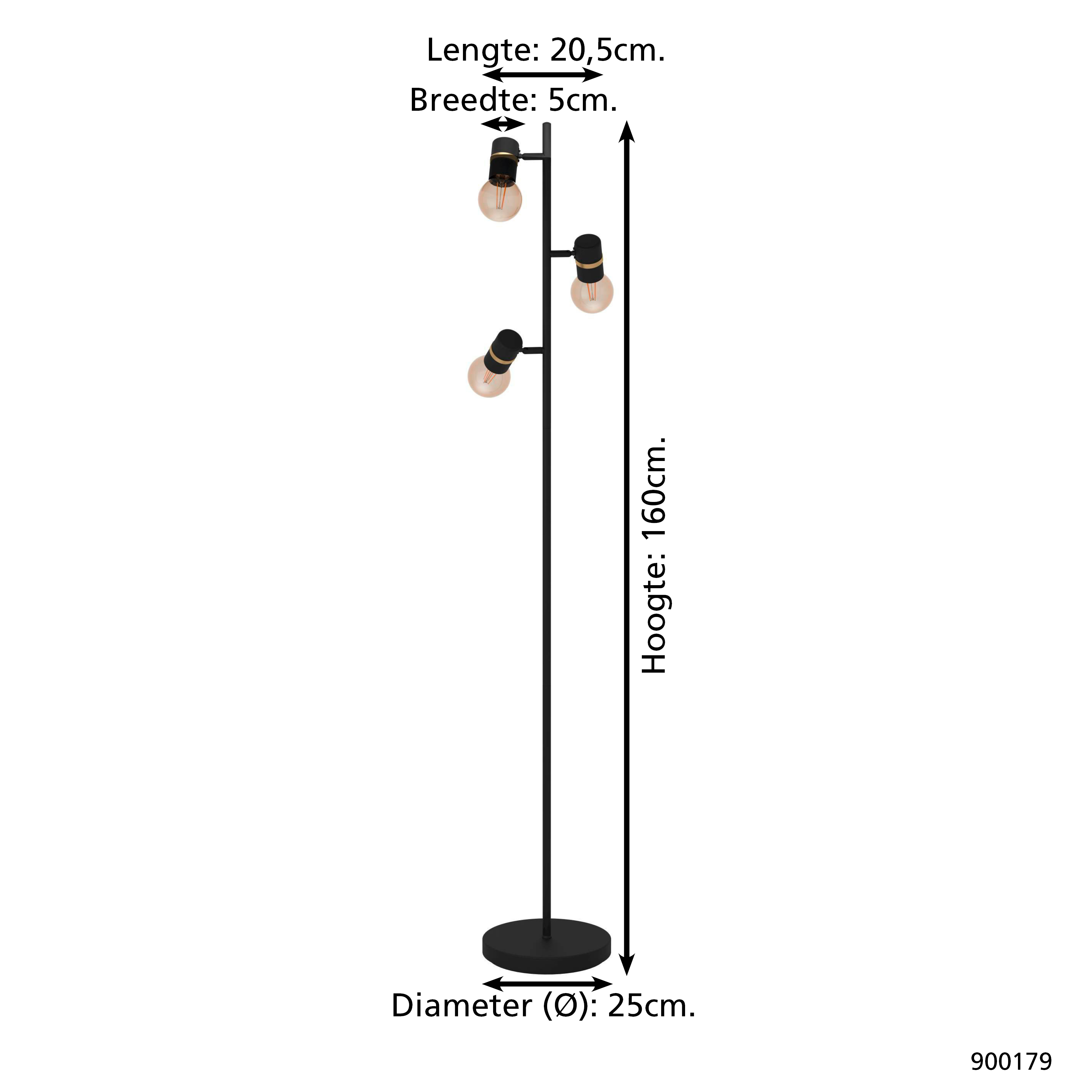 Eine schwarze Stehlampe mit drei Glühbirnen und den Maßen: 20,5 cm Länge, 5 cm Breite, 160 cm Höhe und 25 cm Durchmesser.